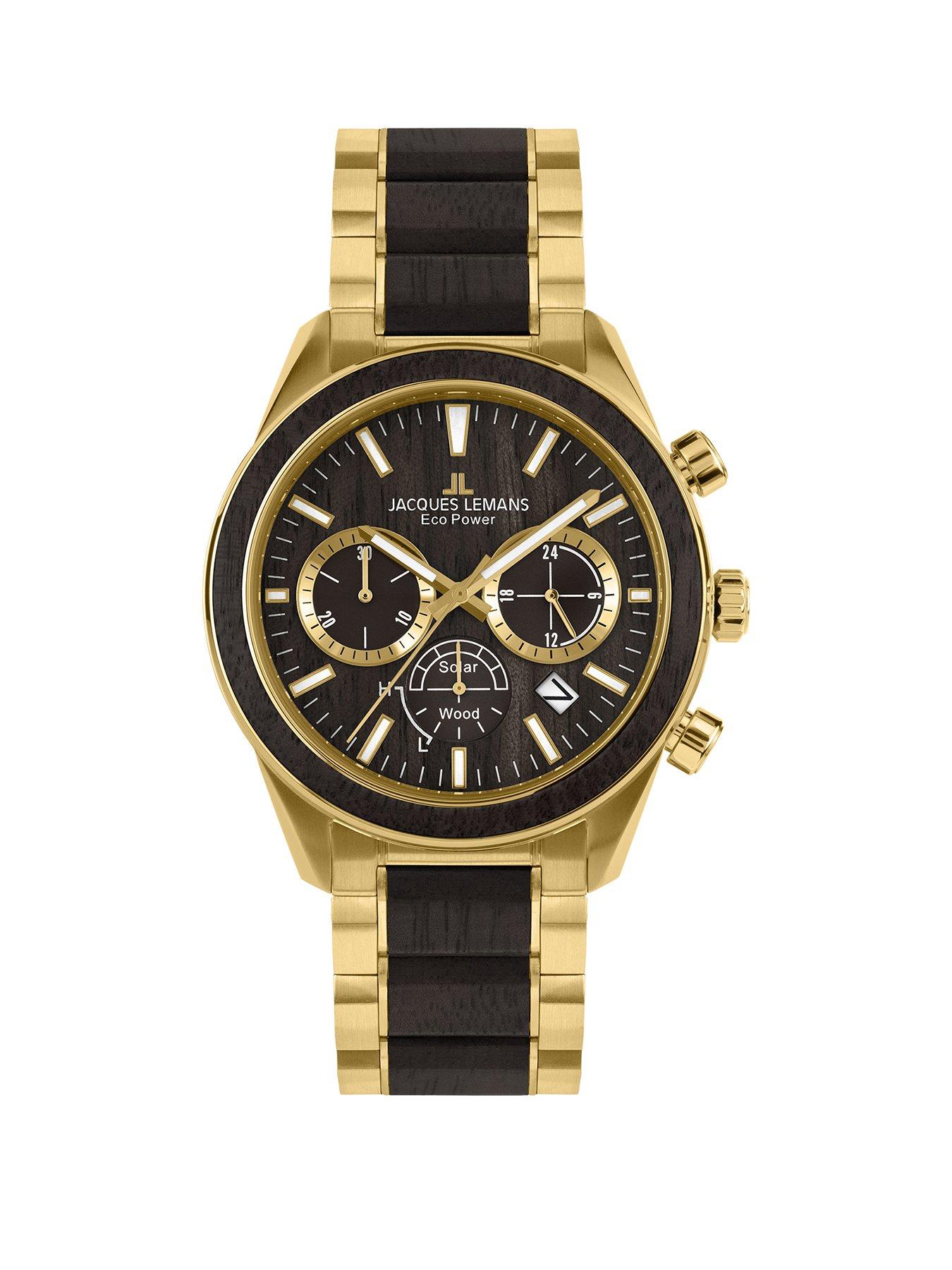 Product photograph of Jacques Lemans Eco Power Solar Wood Chronograph Gold Plated Vegan Men S Bracelet Watch from very.co.uk