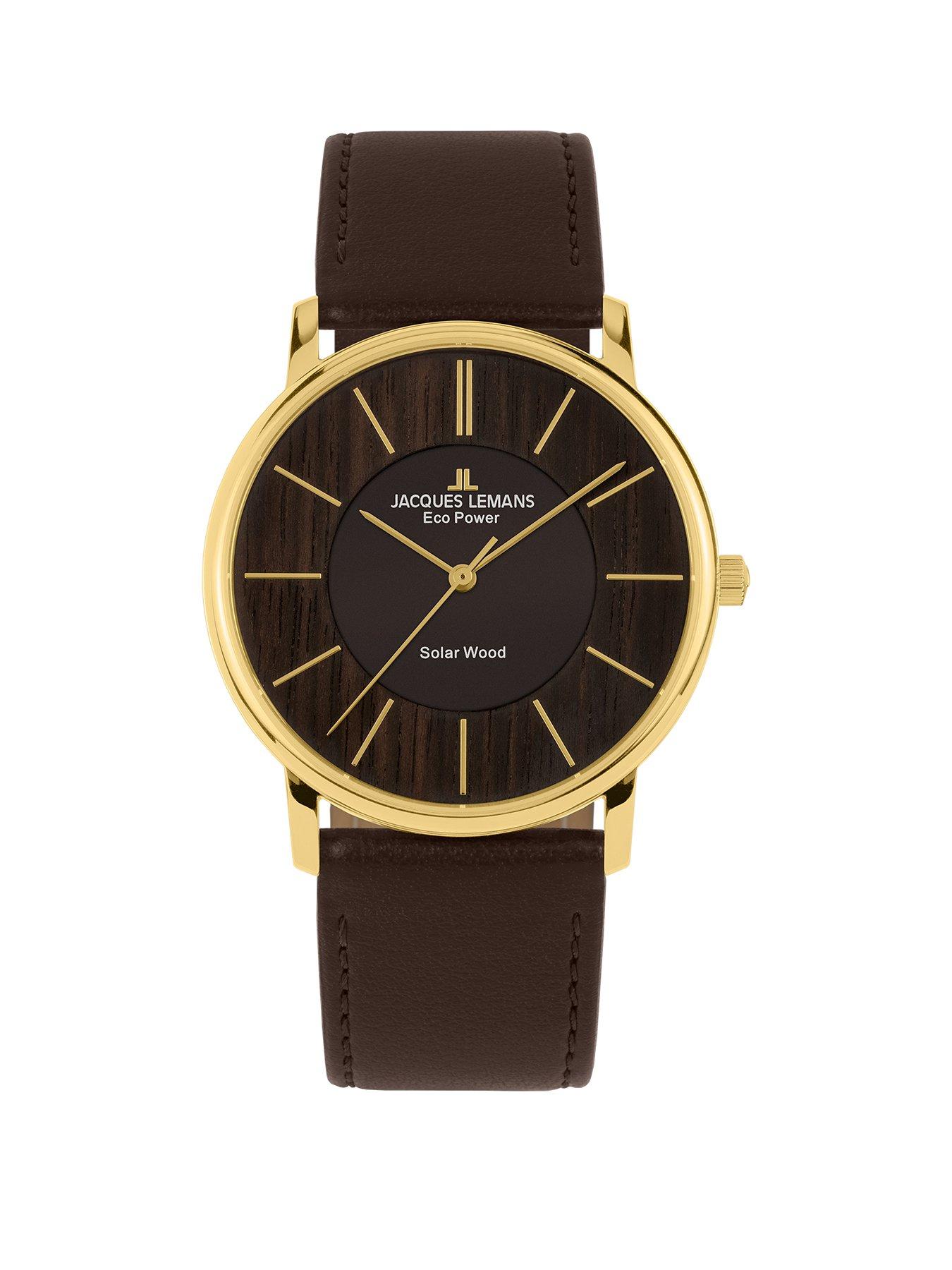 Product photograph of Jacques Lemans Power Solar Wood Dark Brown Strap Gold Plated Mens Watch from very.co.uk