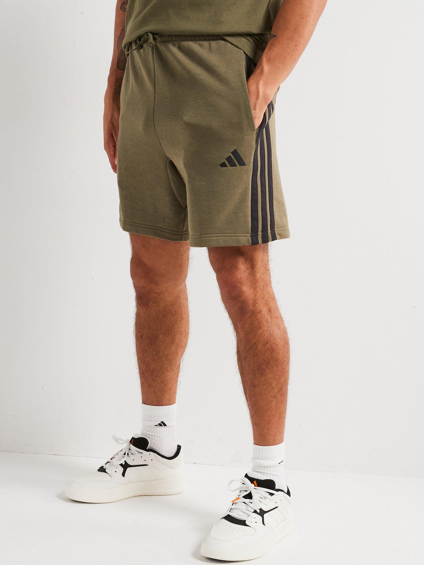 adidas Sportswear Mens Essential 3-Stripe French Terry Shorts, Olive Strata/Black, Size L, Men