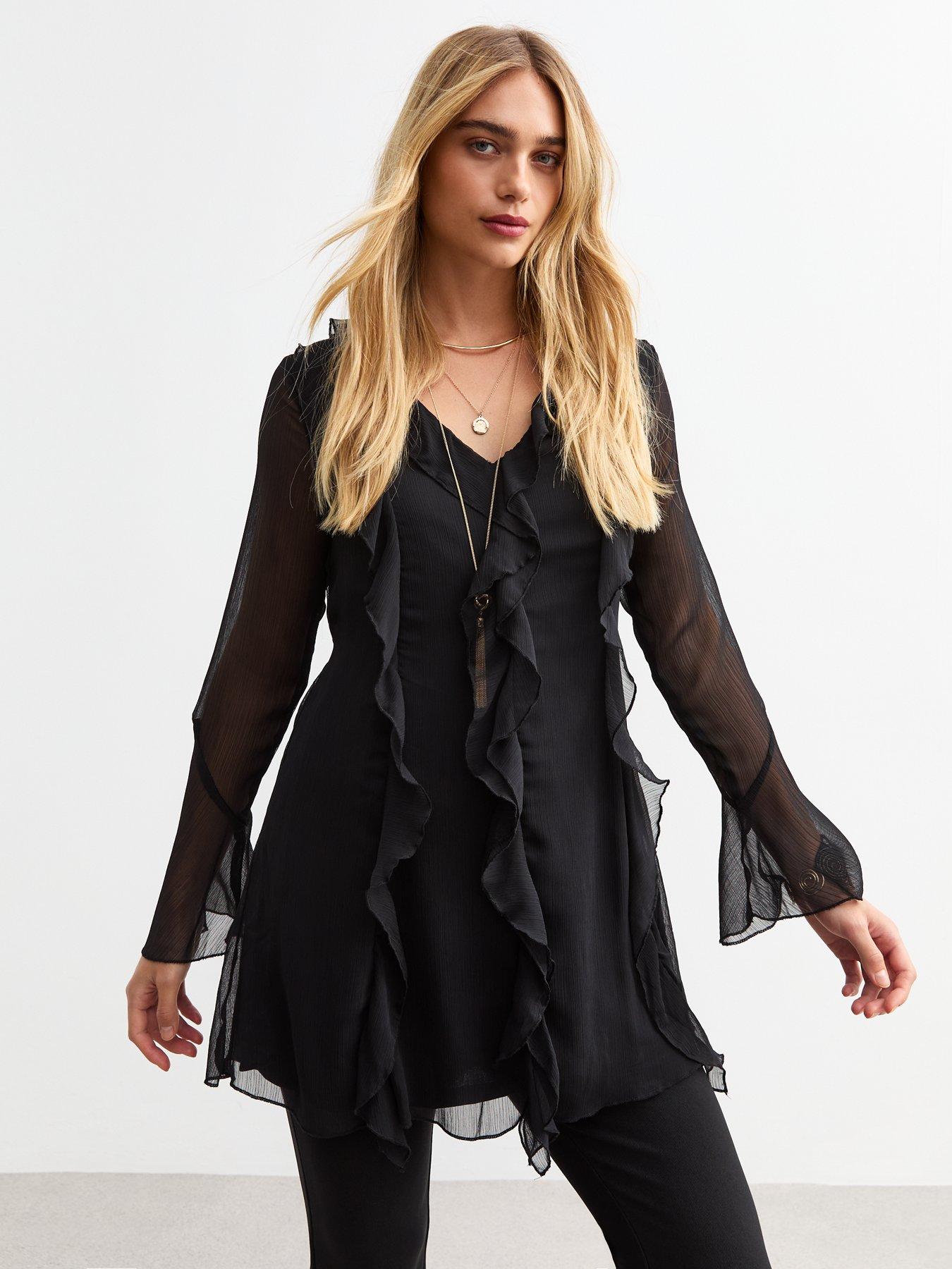 undefined Ruffle Trim Chiffon Mini Dress - Black