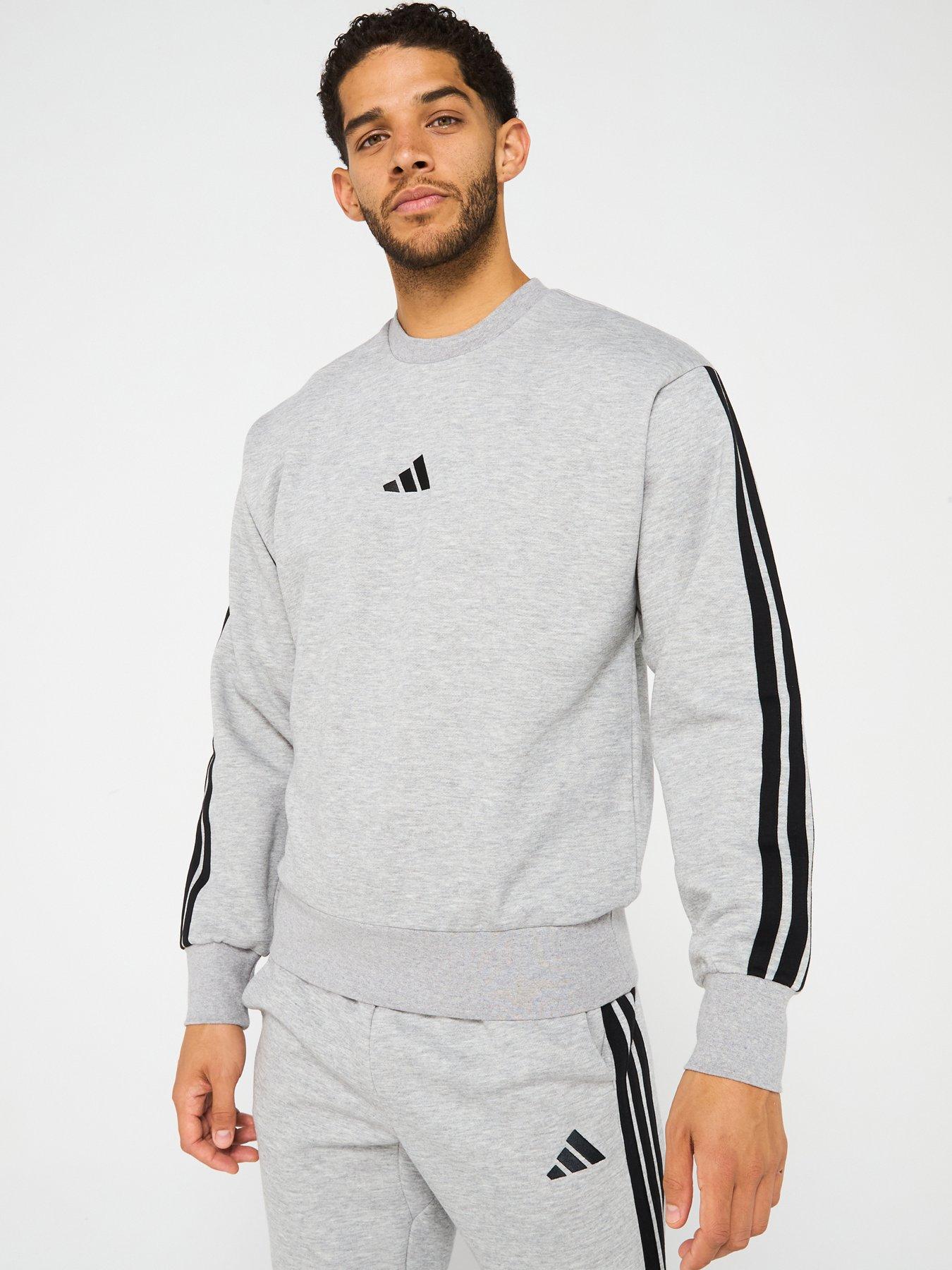 undefined Men's Essentials 3-Stripe Fleece Sweatshirt - Medium Grey Heather/Black