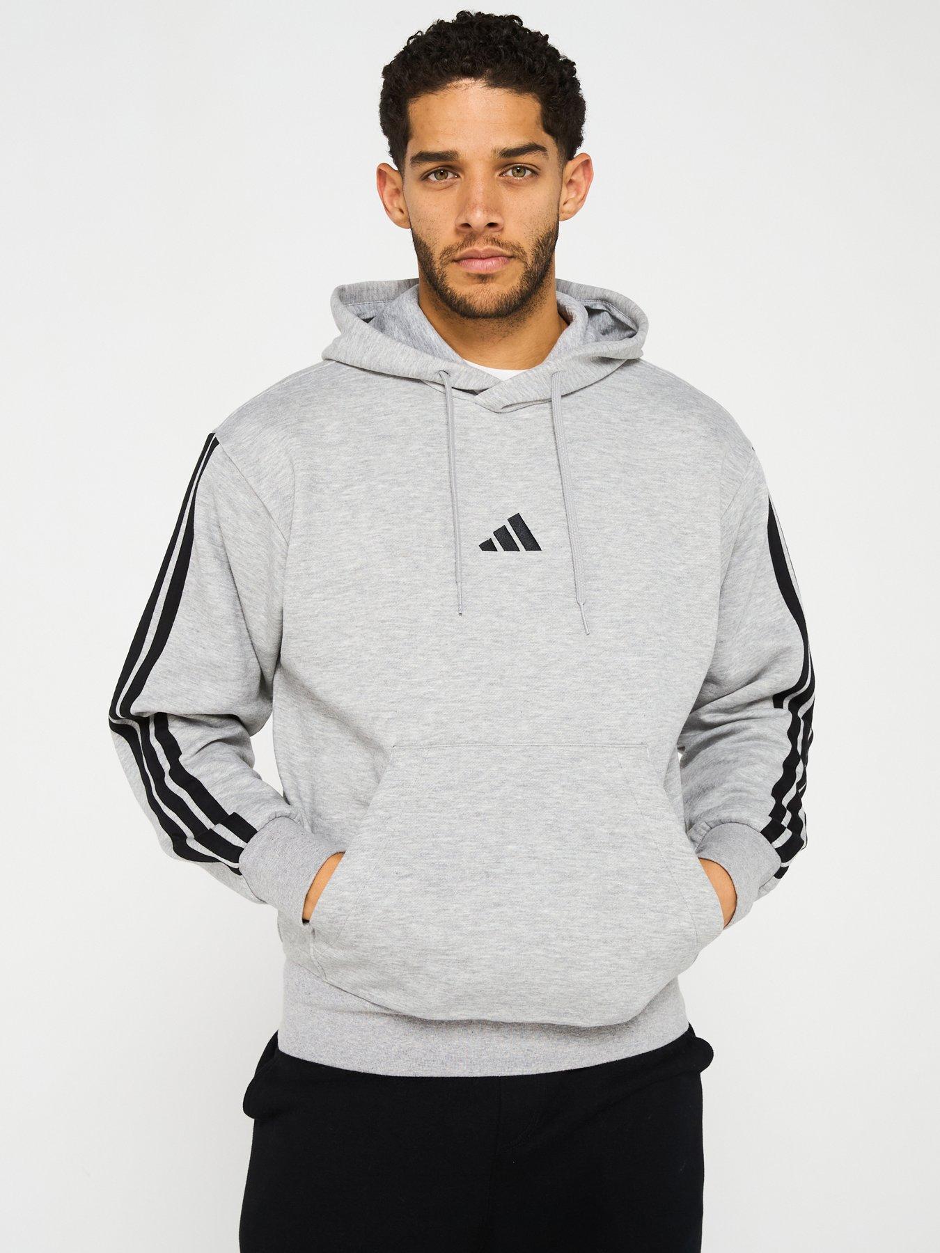undefined Mens Essentials 3-Stripe Fleece Hoodie - Grey
