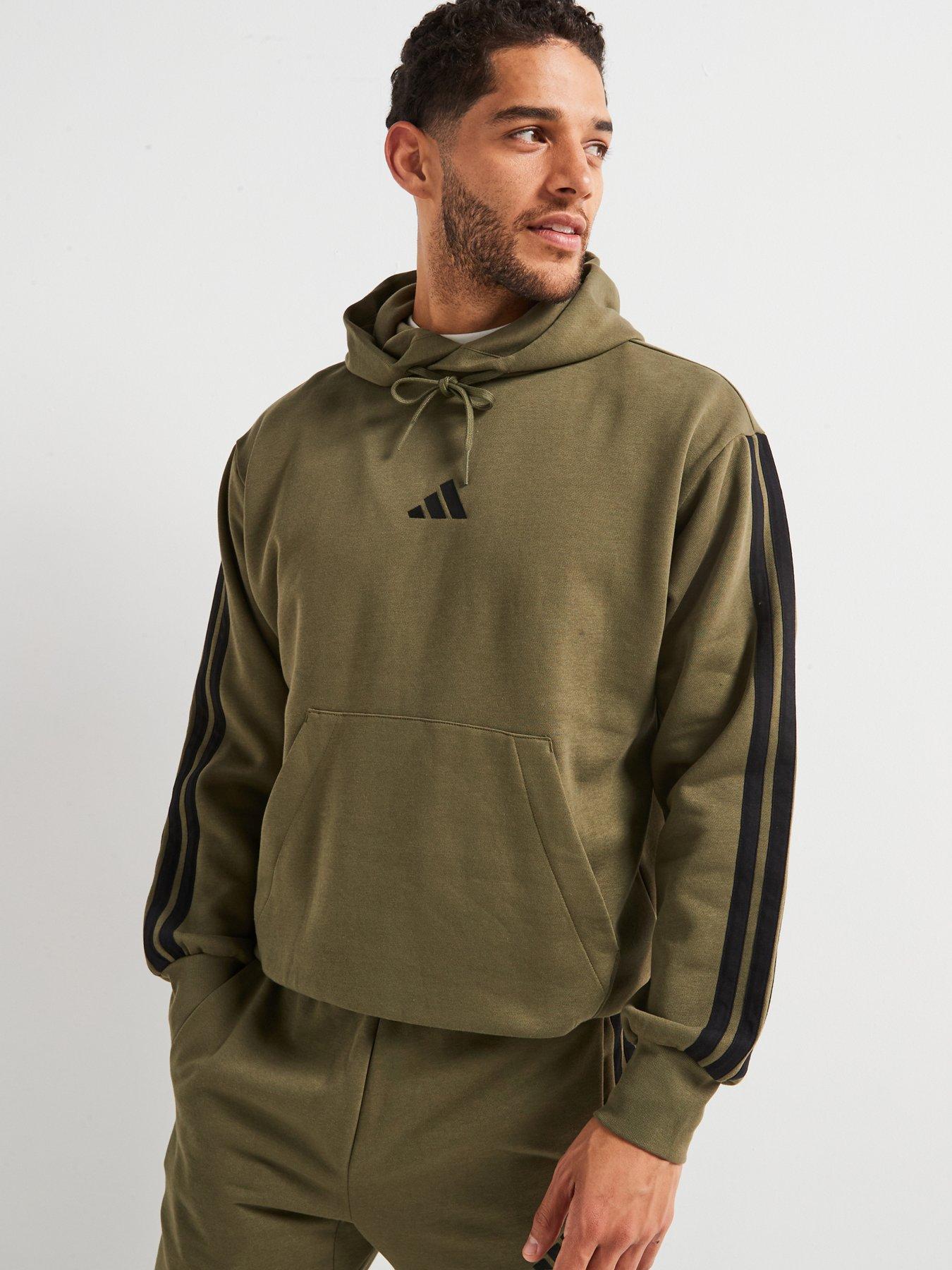 undefined Mens Essentials 3-Stripe Fleece Hoodie - Green