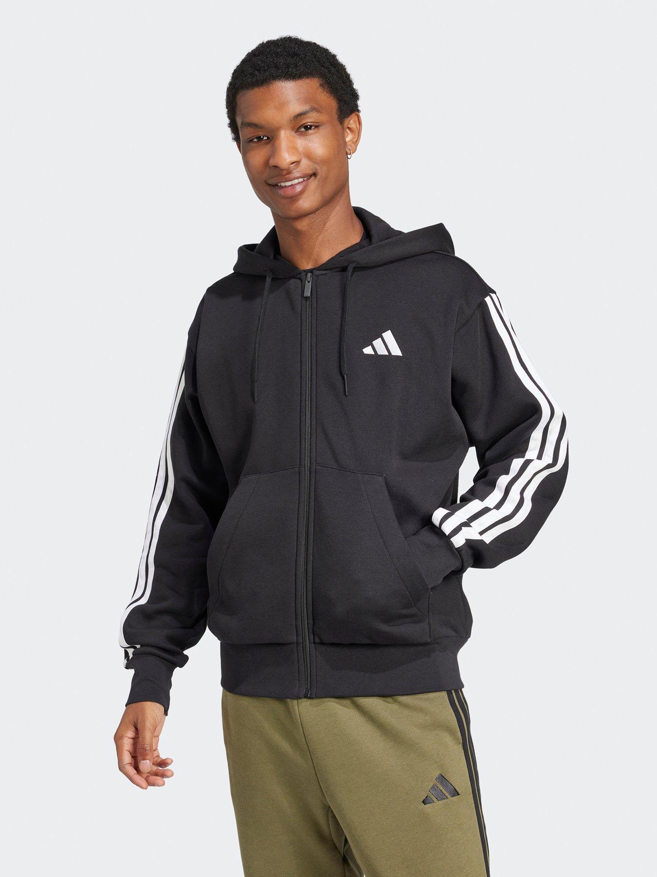 undefined Men's Essential 3-Stripe Full Zip Fleece Hoodie - Black/White