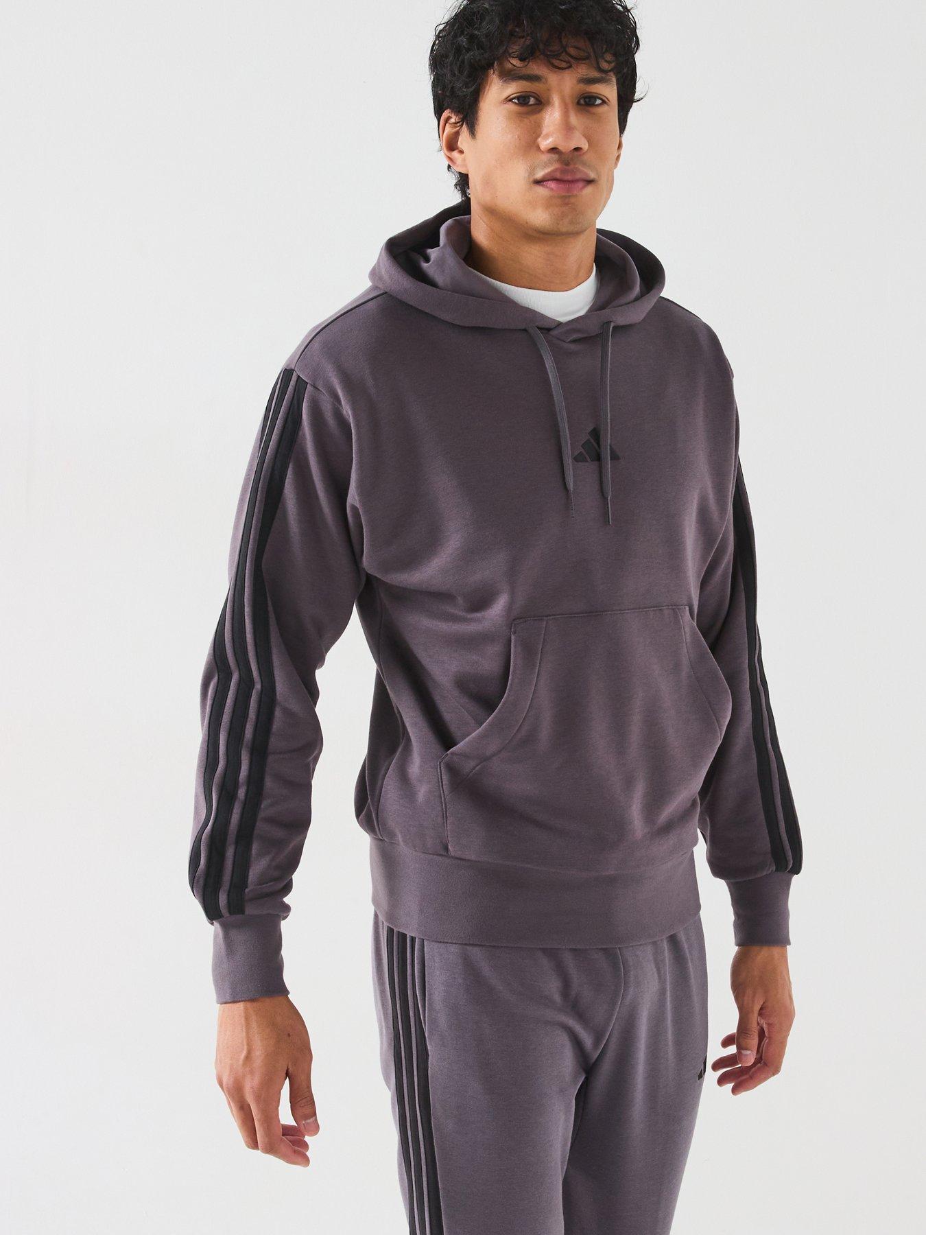 undefined Men's Essentials 3-Stripe French Terry Hoodie - Dark Grey/Black