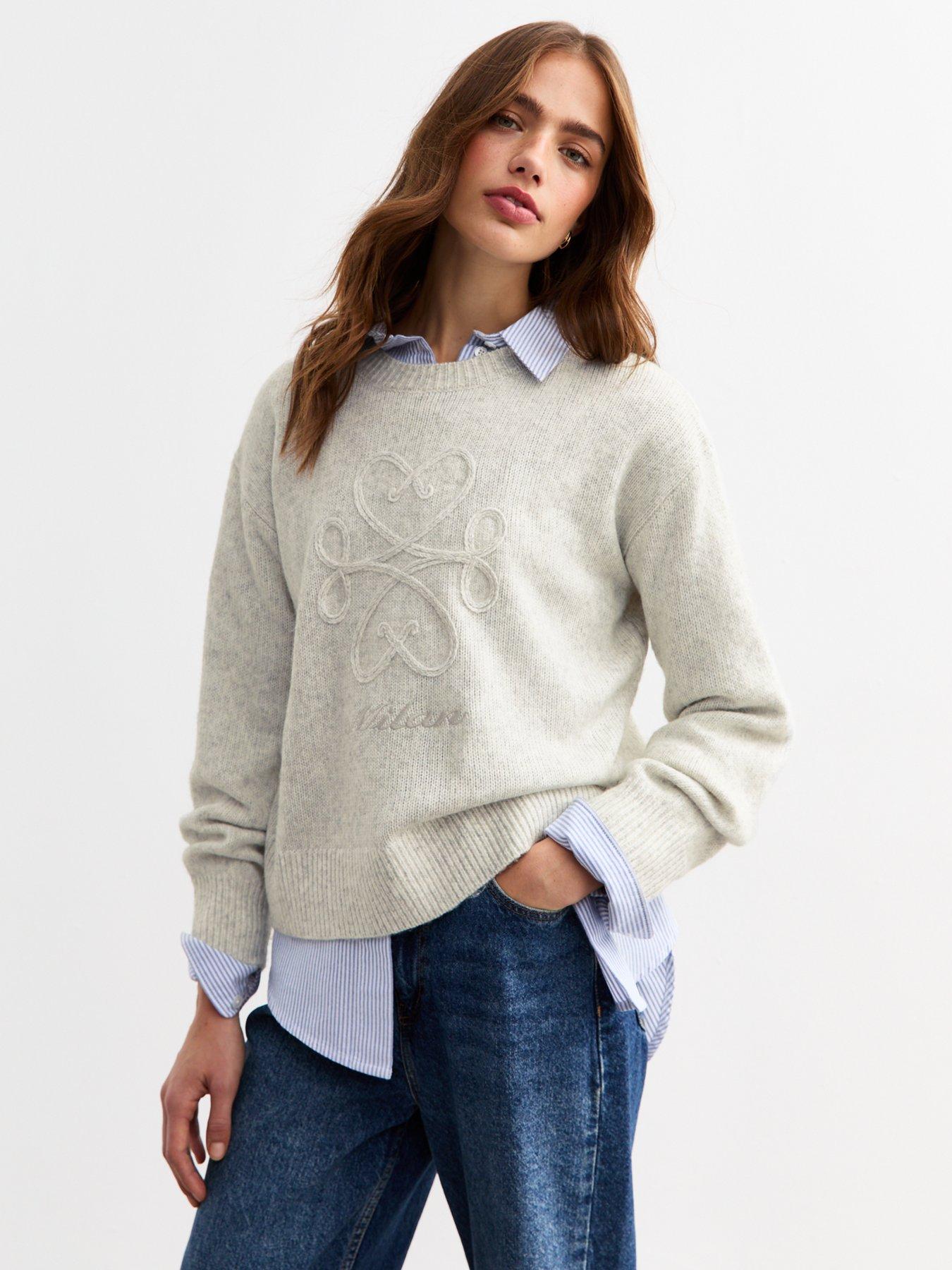 undefined Pale Heart Embroidered Milan Slogan Jumper - Grey