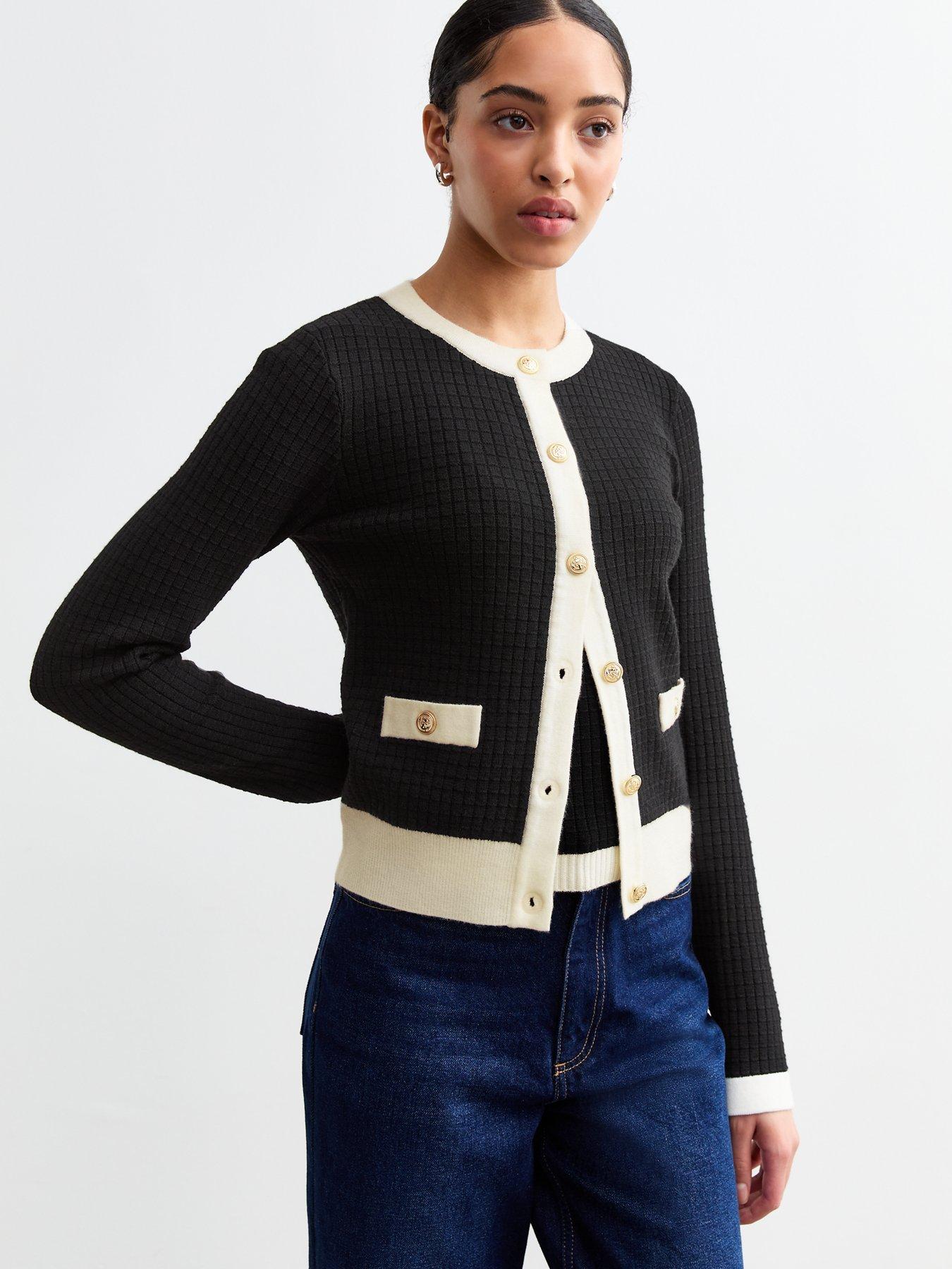 Image 1 of 5 of New Look Black Contrast Trim Waffle Knit Cardigan