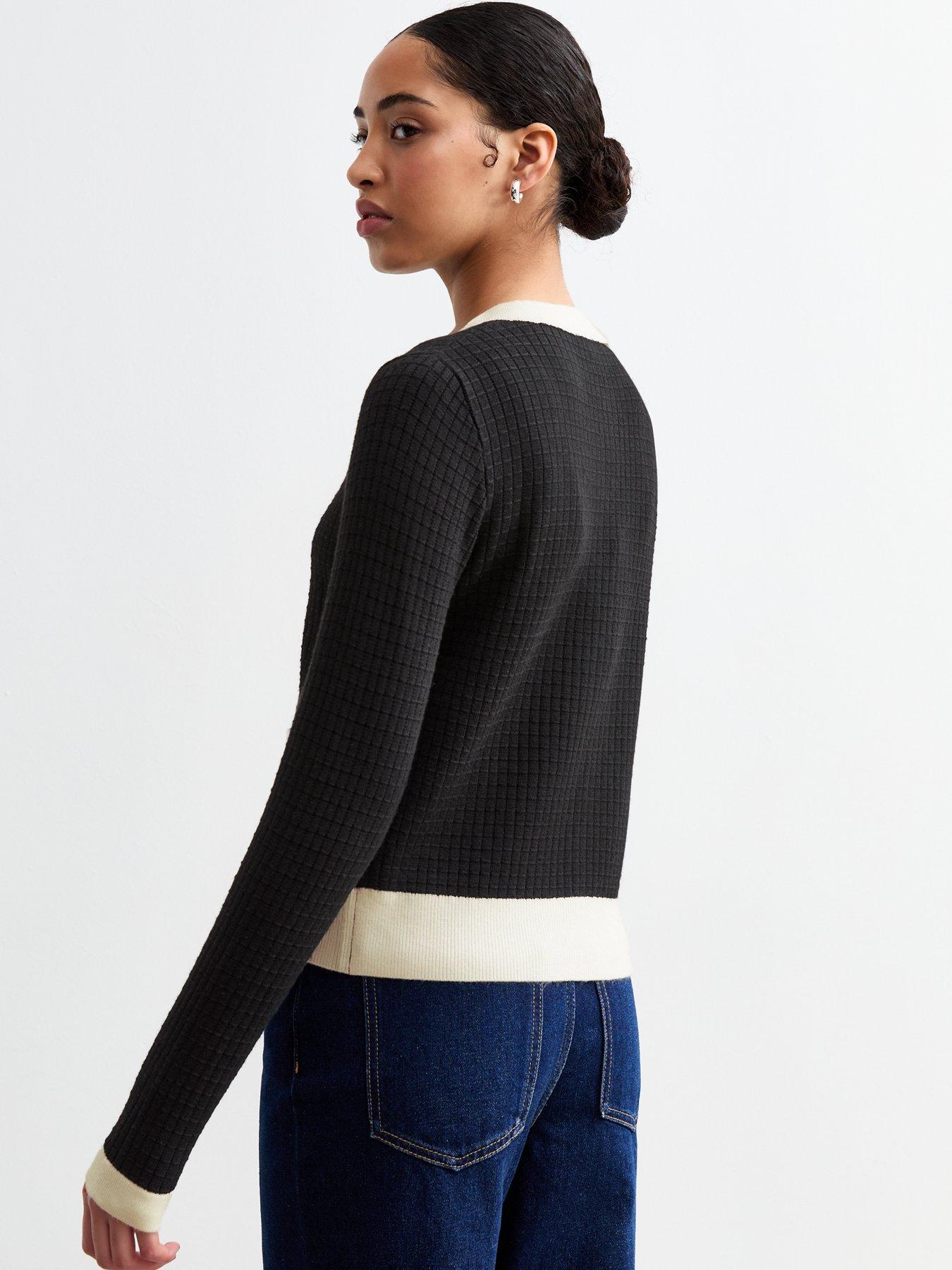 Image 2 of 5 of New Look Black Contrast Trim Waffle Knit Cardigan