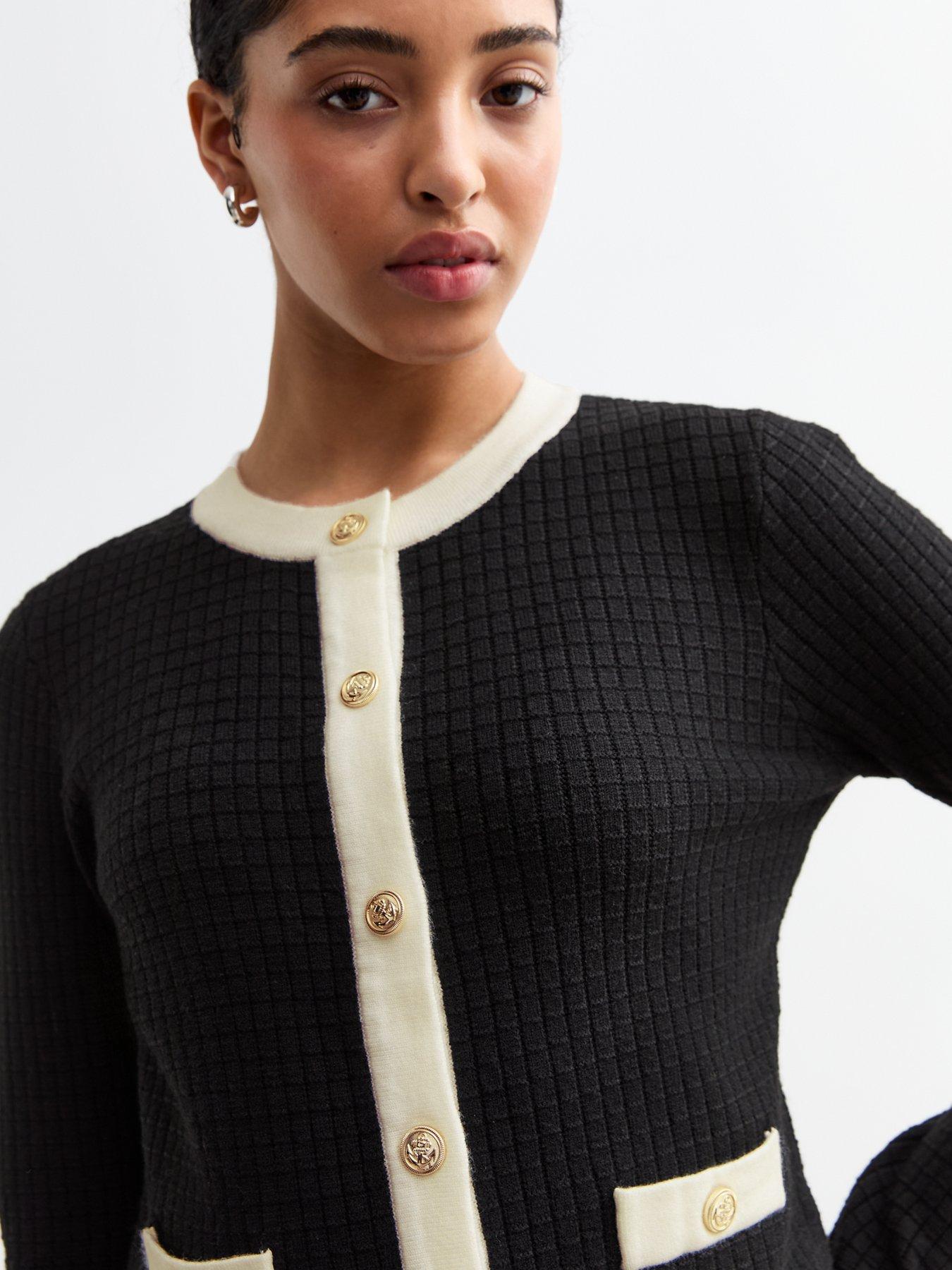 Image 4 of 5 of New Look Black Contrast Trim Waffle Knit Cardigan