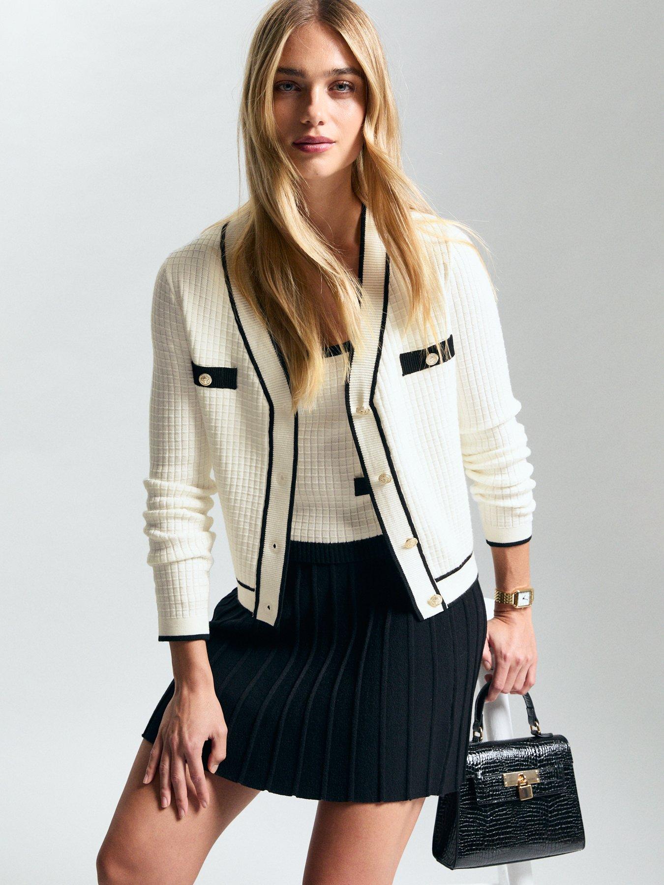 undefined White Waffle Knit Contrast Tipping Cardigan