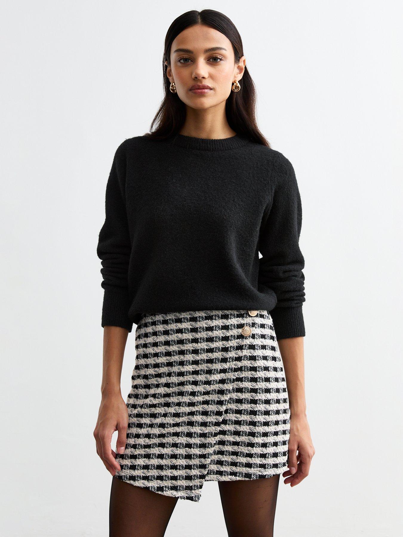 undefined Black Check Patterned Boucle Wrap Mini Skirt