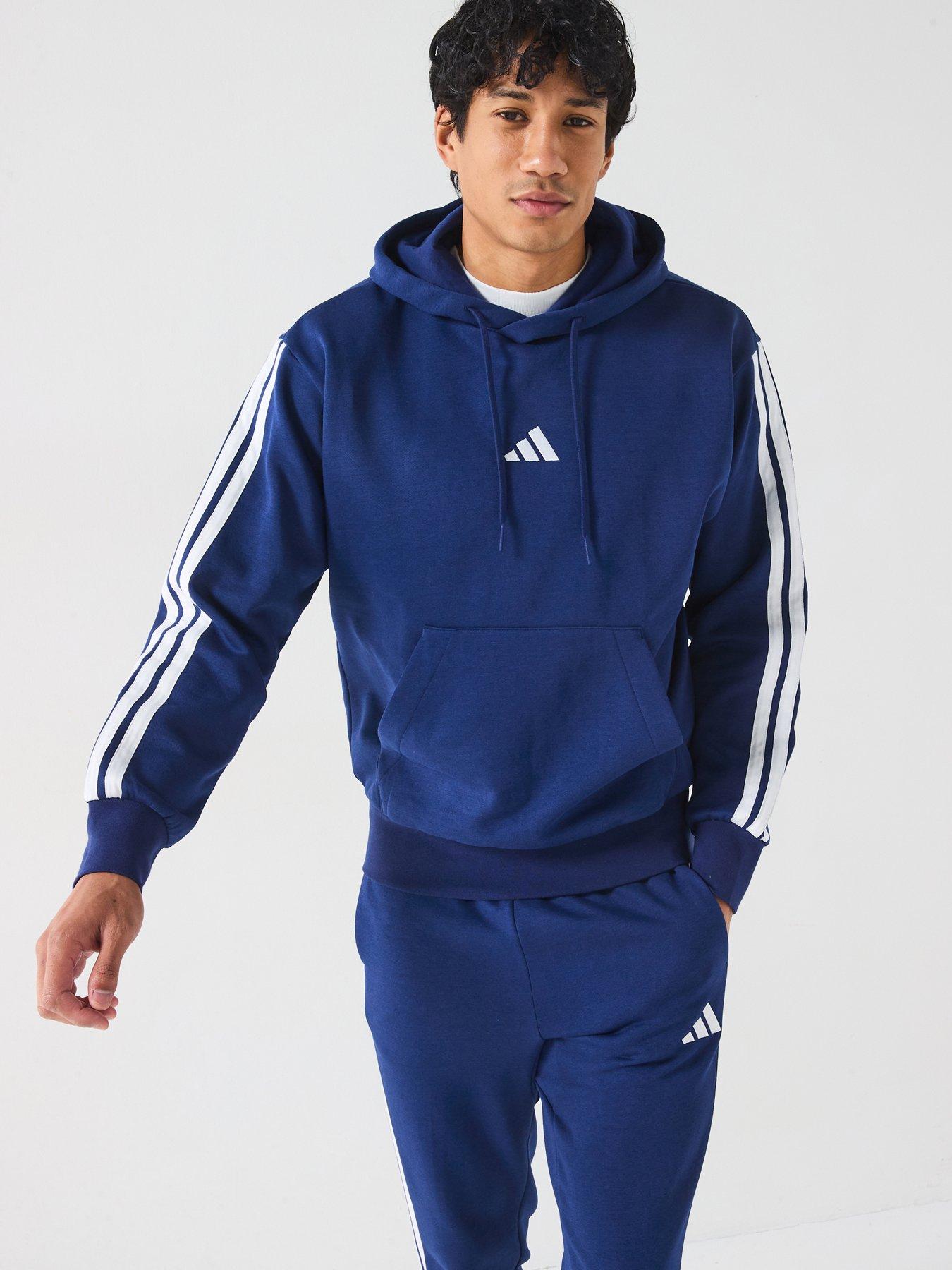 undefined Men's Essential 3-Stripe Overhead Fleece Hoodie - Blue