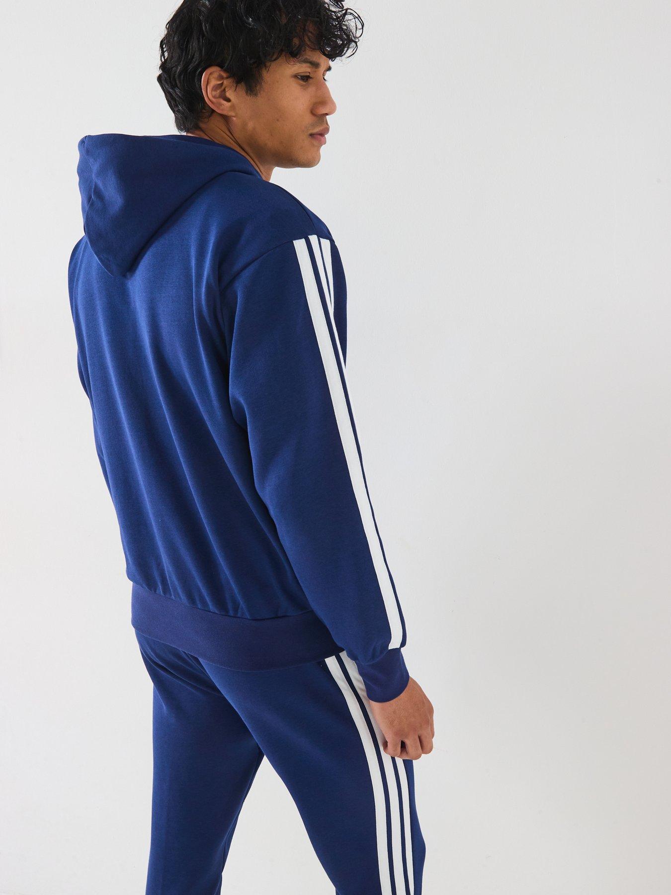 Image 2 of 6 of adidas Sportswear Men's Essential 3-Stripe Overhead Fleece Hoodie - Blue