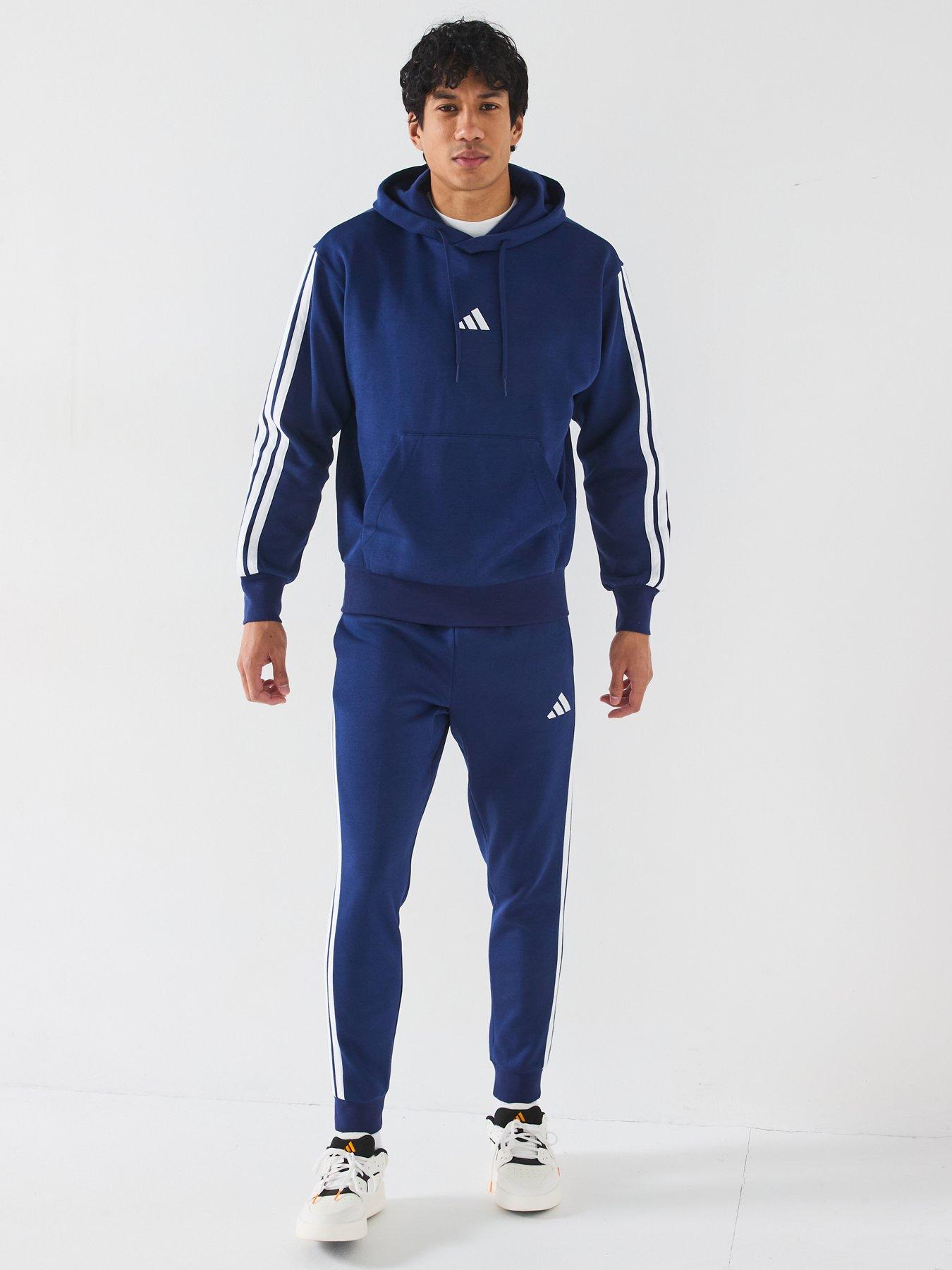 Image 3 of 6 of adidas Sportswear Men's Essential 3-Stripe Overhead Fleece Hoodie - Blue