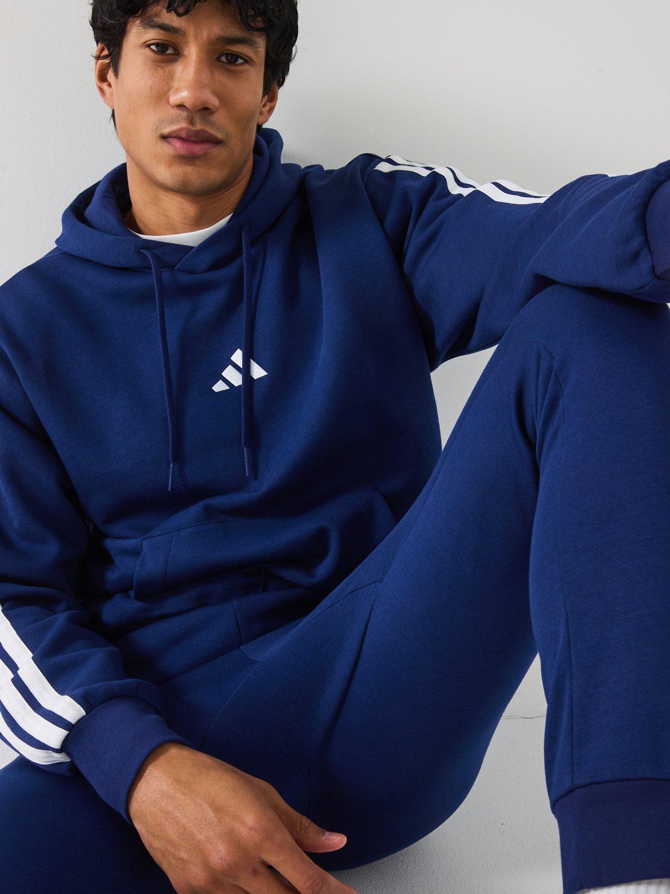 Image 5 of 6 of adidas Sportswear Men's Essential 3-Stripe Overhead Fleece Hoodie - Blue
