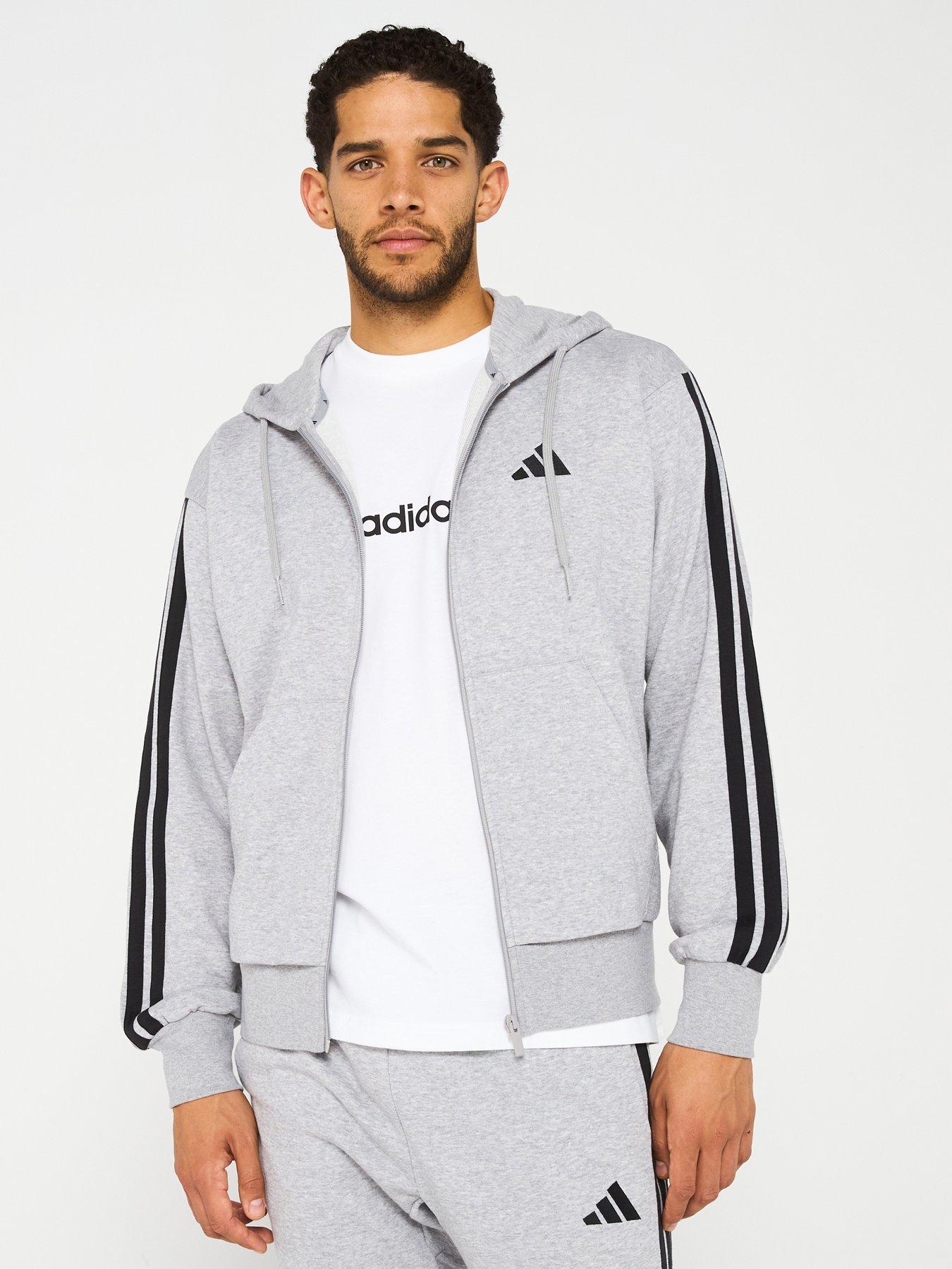 undefined Mens Essentials 3-Stripe French Terry Full-Zip Hoodie - Grey