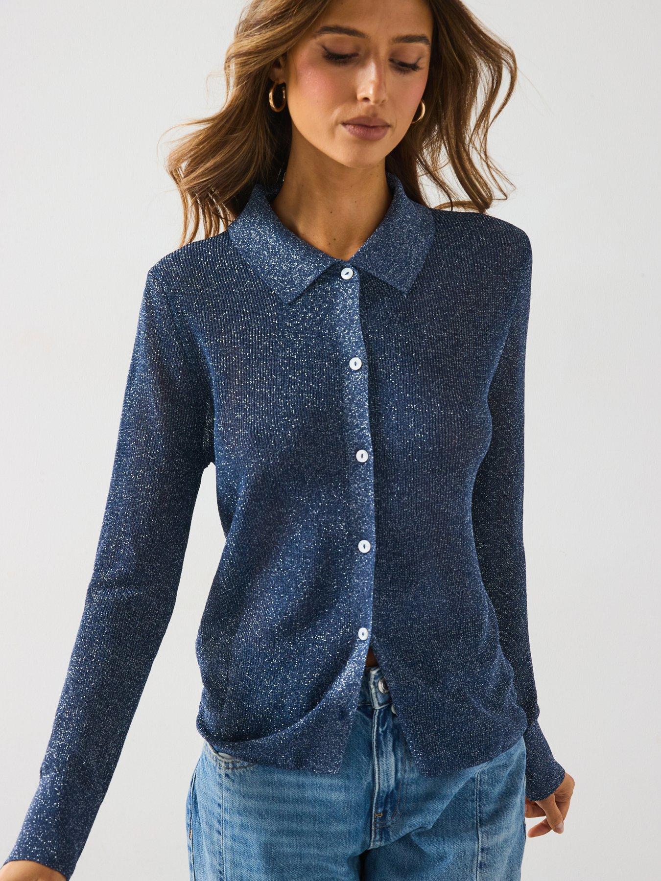 undefined Shimmer Knitted Co-Ord Top - Navy