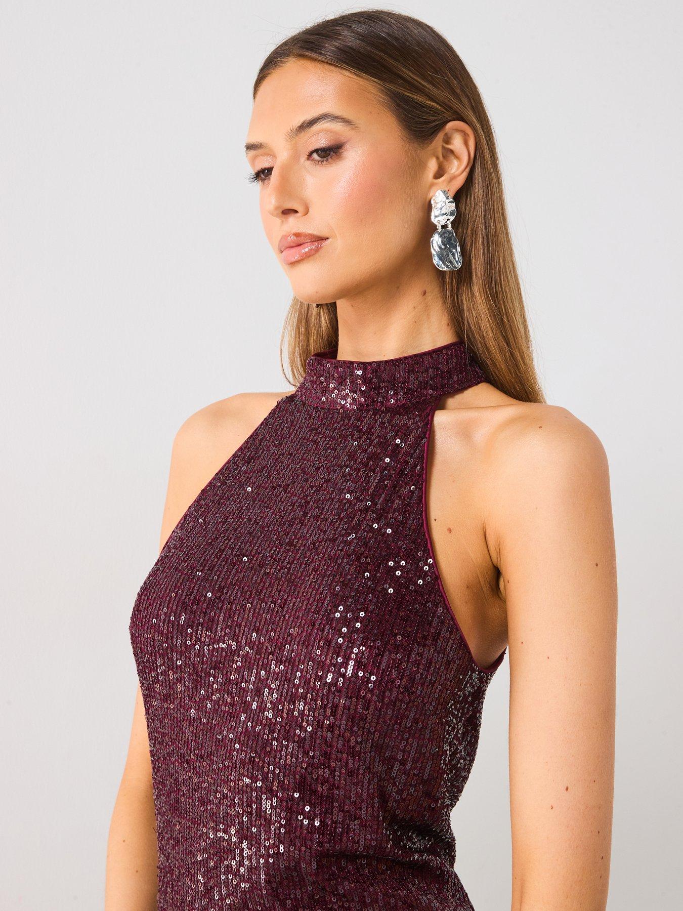 halter neck glitter dress Black Rectangular Sequin Halter Neck Draped Wrap Skirt Midi Dress – AX  Paris US
