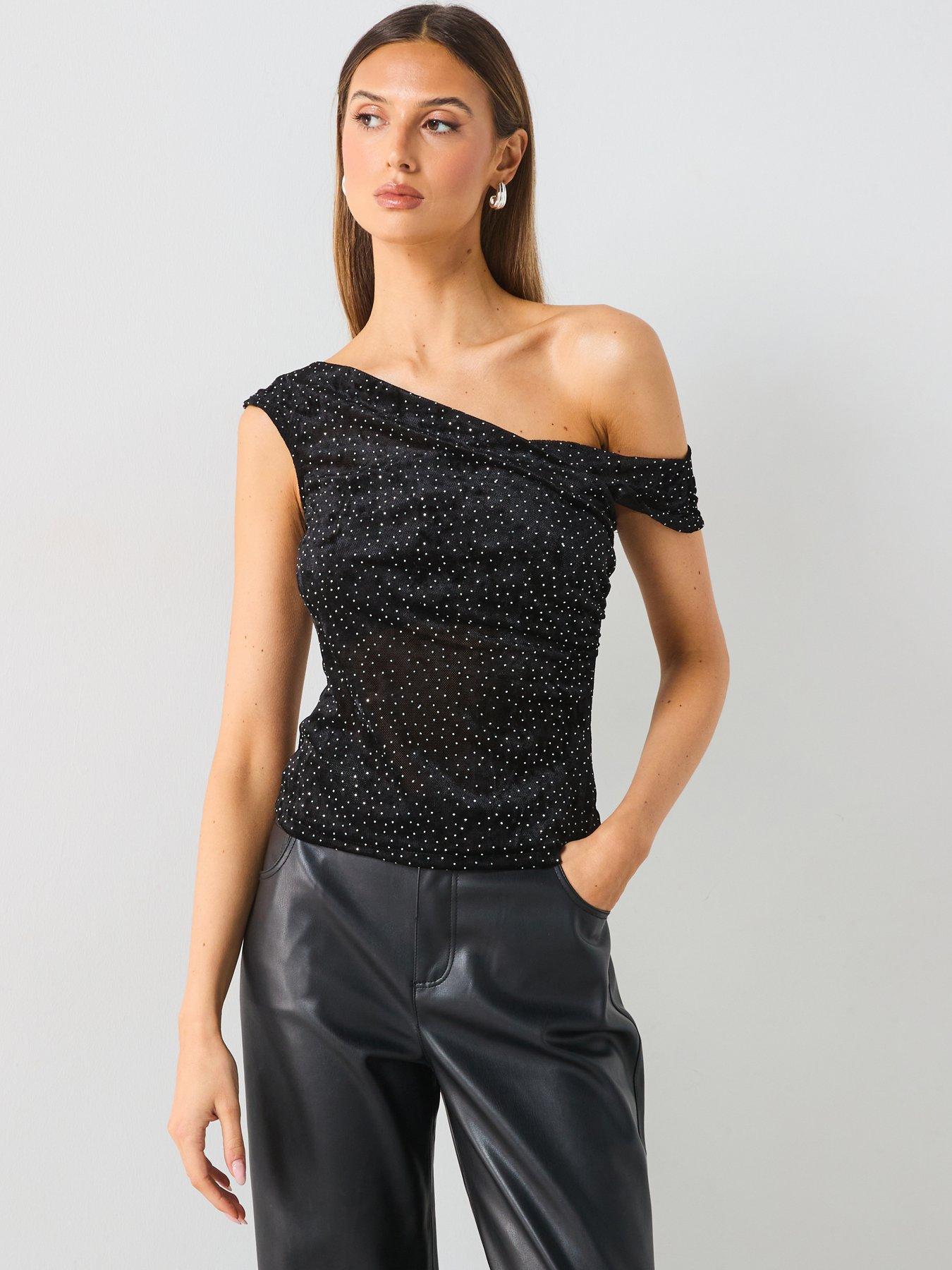 Image 1 of 5 of Mango Rhinestone Detail Top - Black