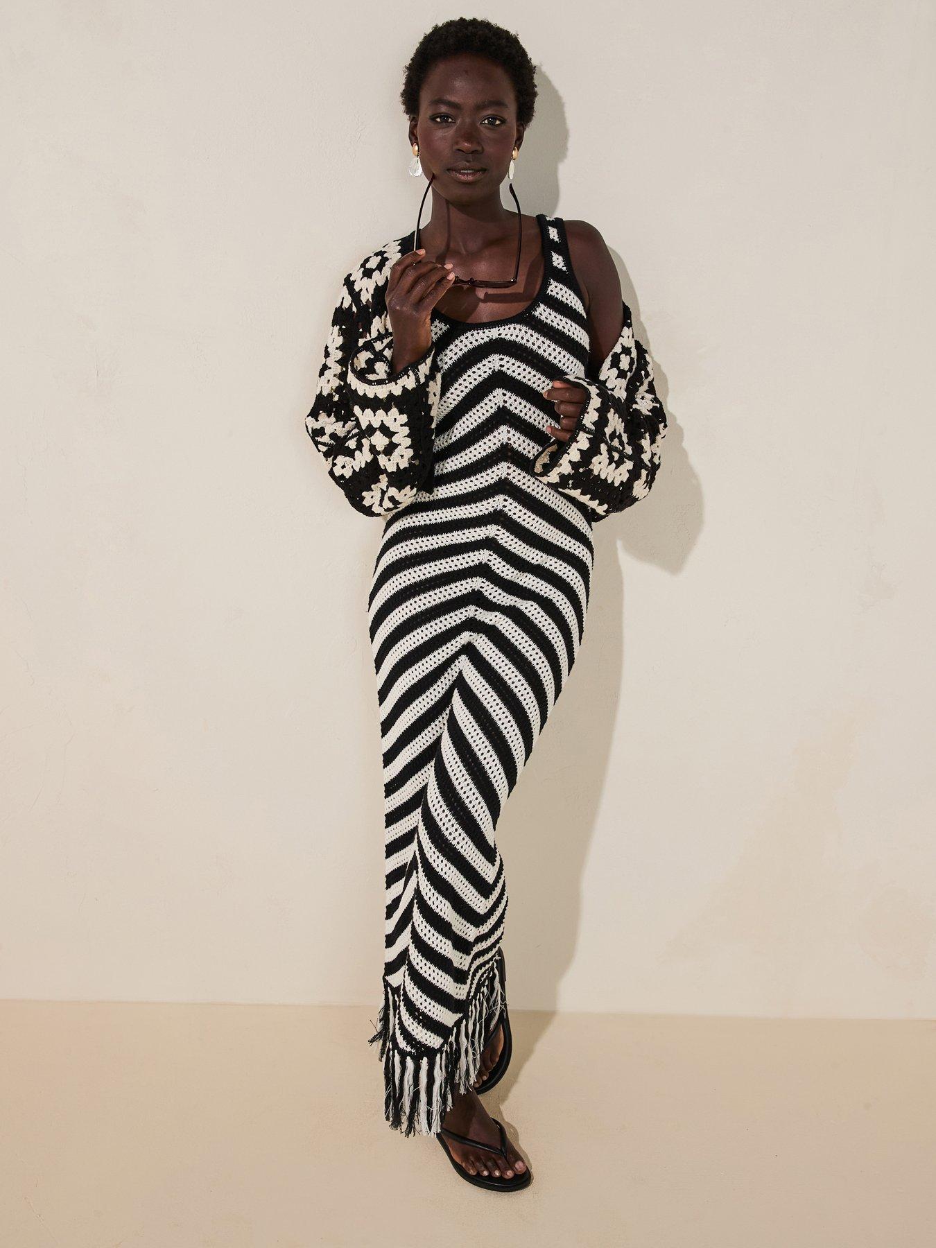 Image 5 of 6 of V by Very Cotton Rich Crochet Fringe Knitted Dress - Black/white