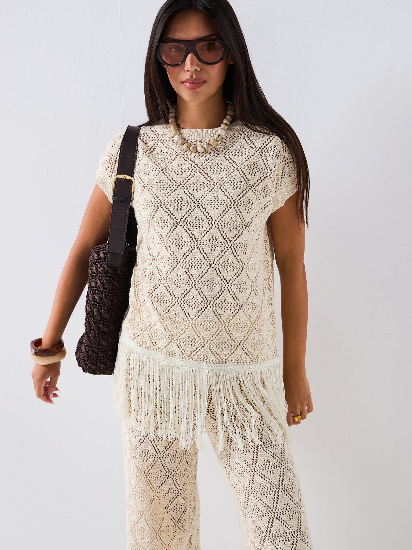 undefined Crew Neck Fringe Top Coord - Light Beige