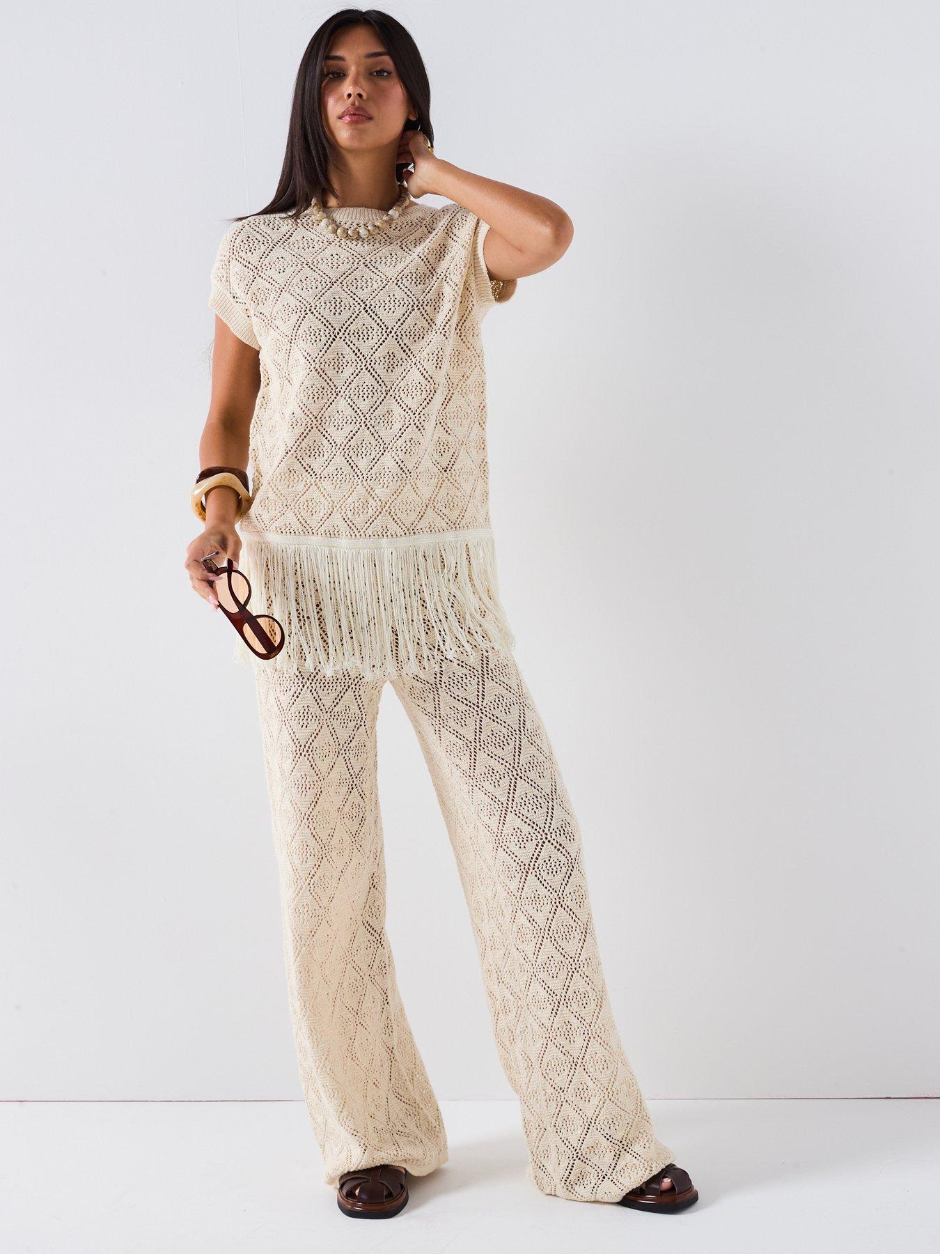 Image 1 of 6 of V by Very Cotton Rich Knitted Pointelle Fringe Top Coord - Beige