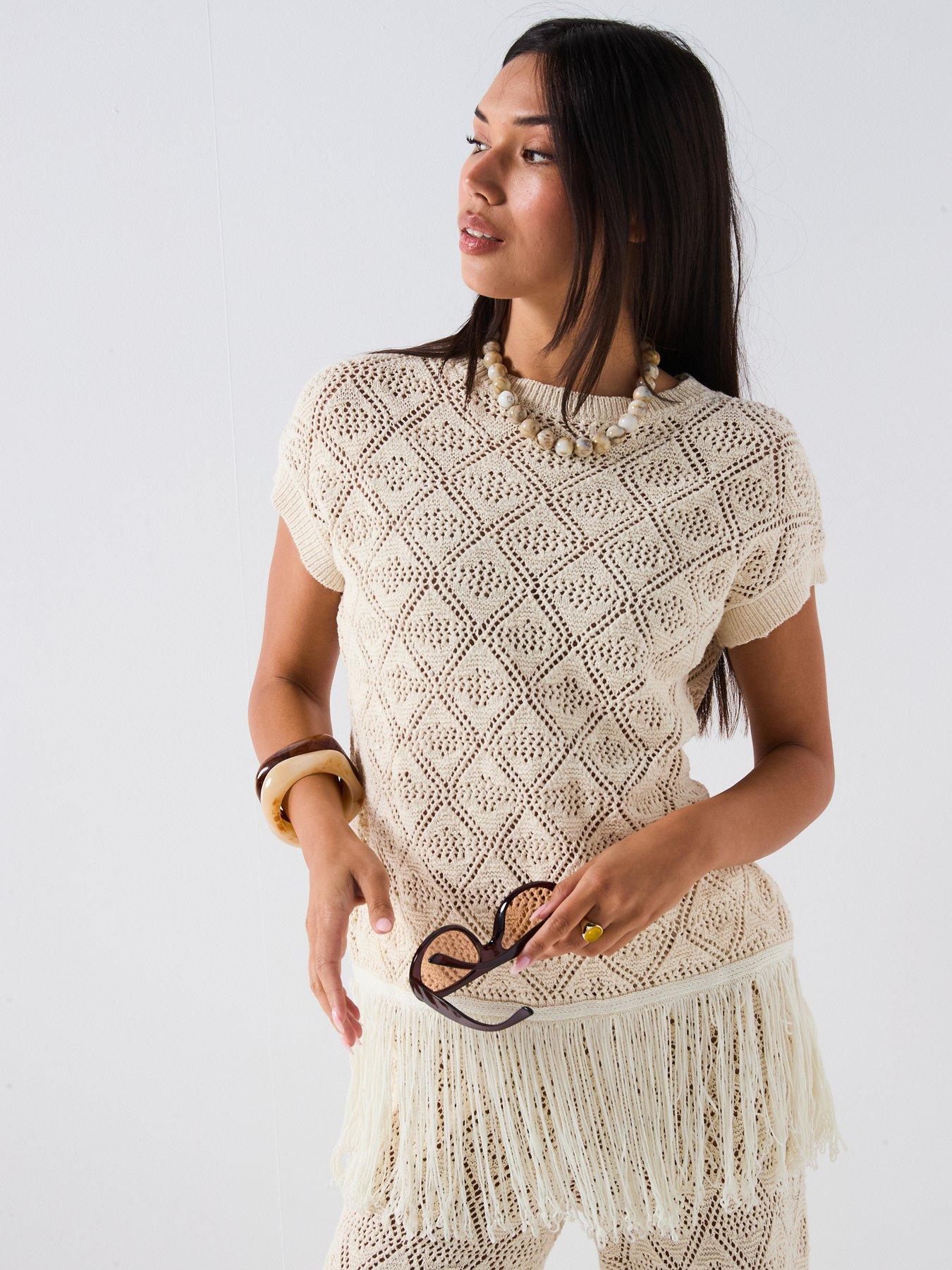 Image 5 of 6 of V by Very Cotton Rich Knitted Pointelle Fringe Top Coord - Beige