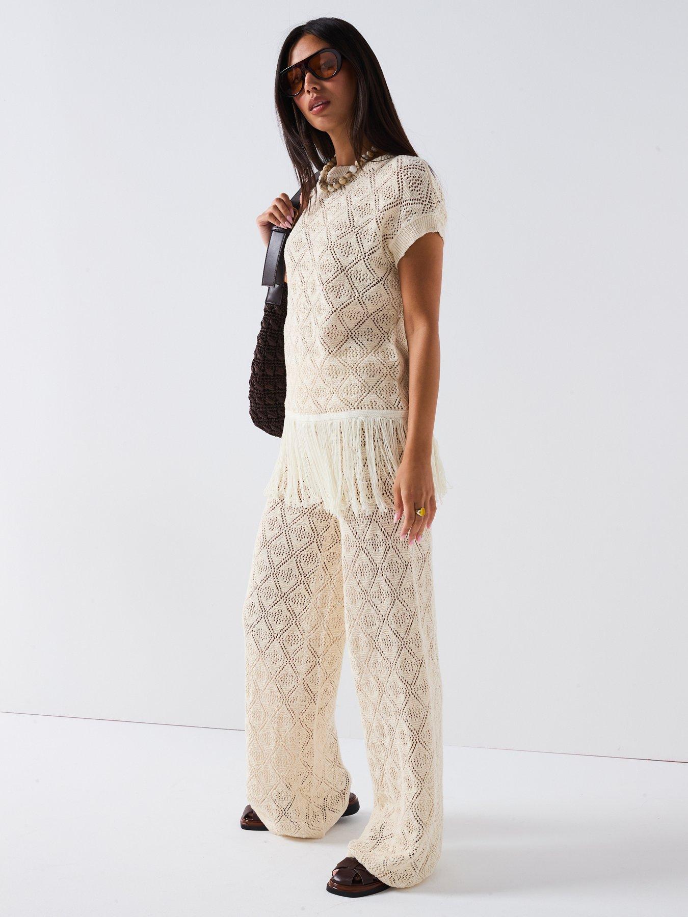 Image 6 of 6 of V by Very Cotton Rich Knitted Pointelle Fringe Top Coord - Beige