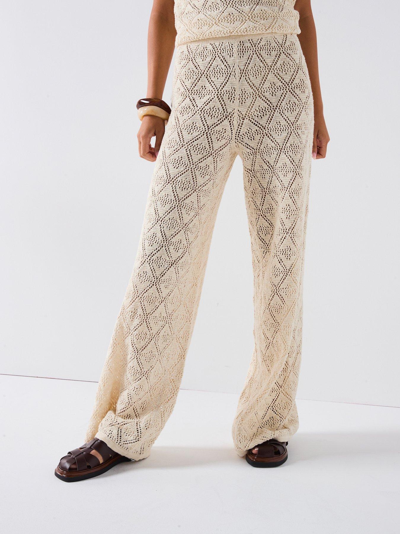 undefined Cotton Rich Knitted Pointelle Wide Leg Trouser Coord - Beige