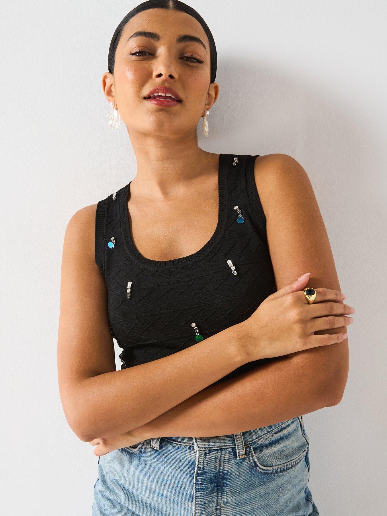 undefined Scoop Neck Embellished Vest - Black