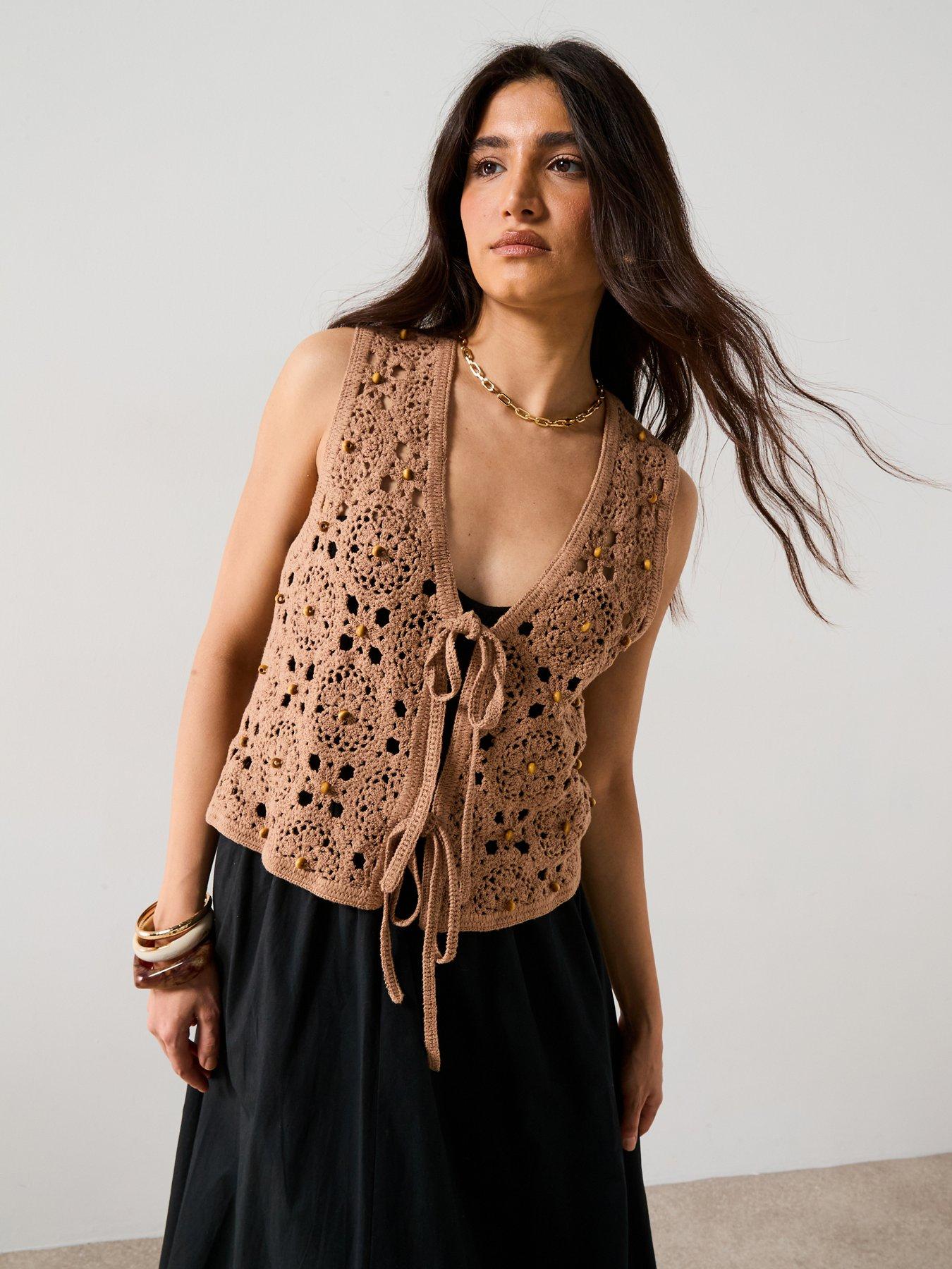 undefined V Neck Crochet Beaded Waistcoat - Brown