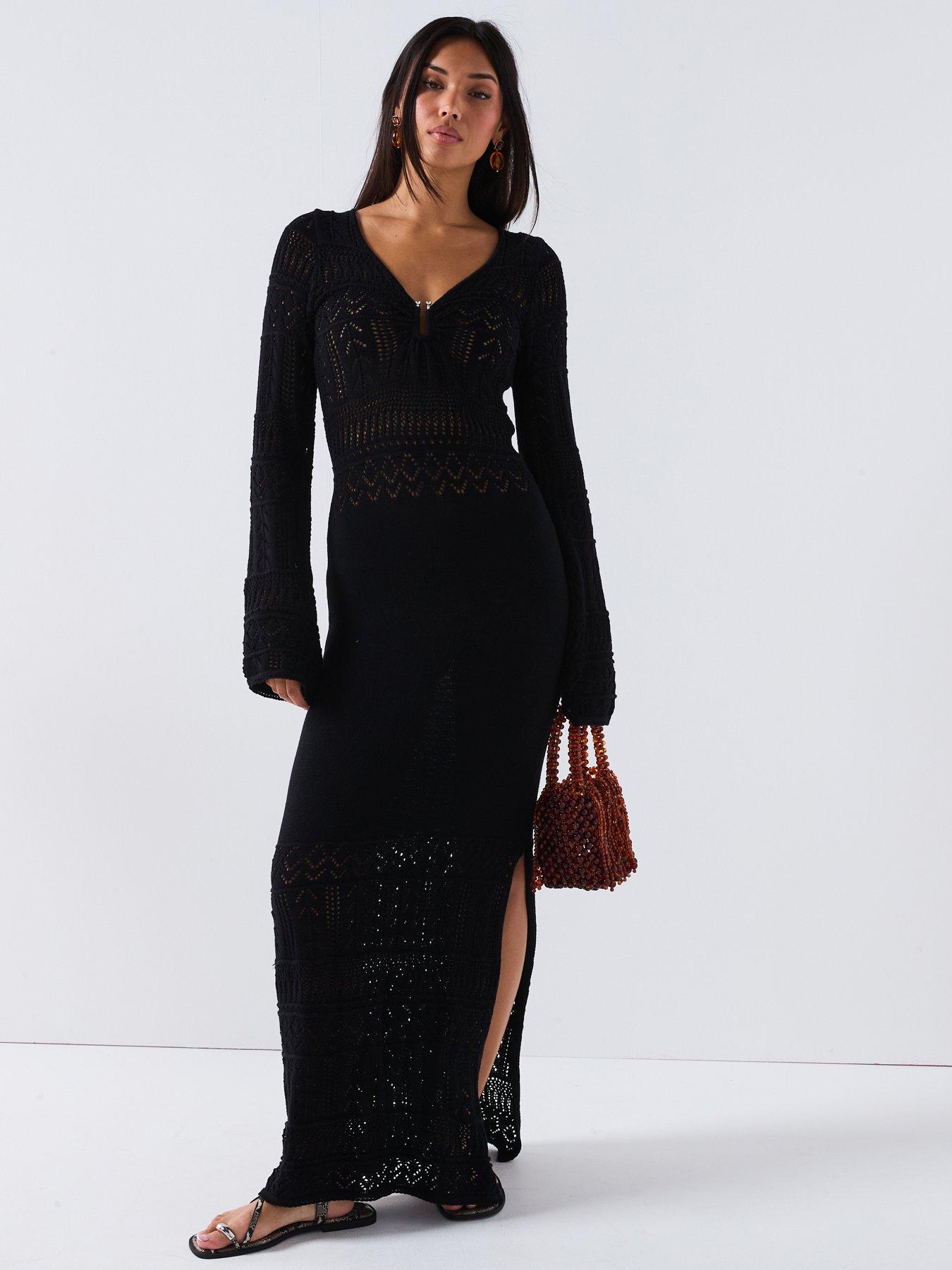 undefined Wide Sleeve Ring Detail Maxi Dress - Black
