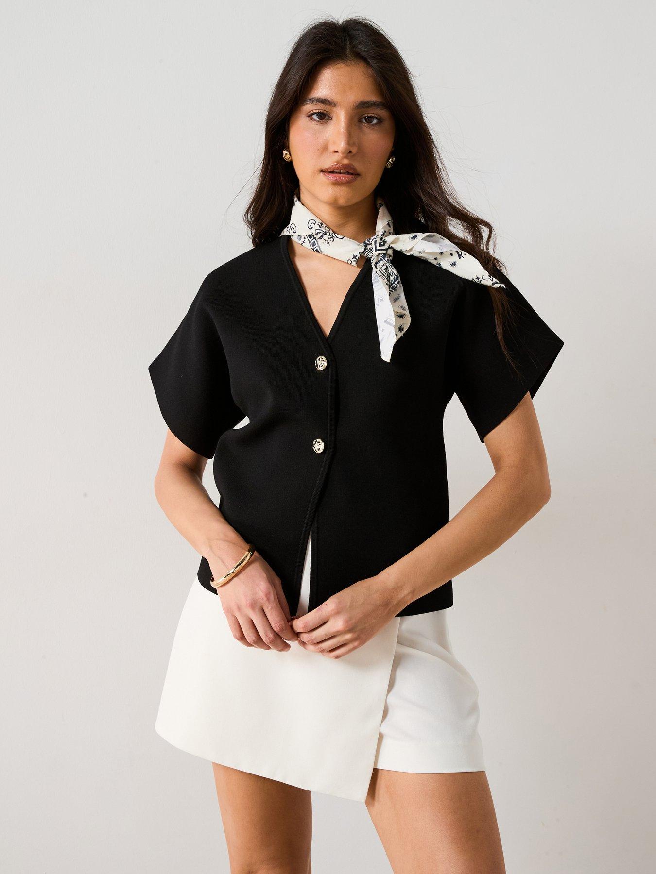 V by Very Short Sleeve Knitted Compact Yarn Cardigan - Black