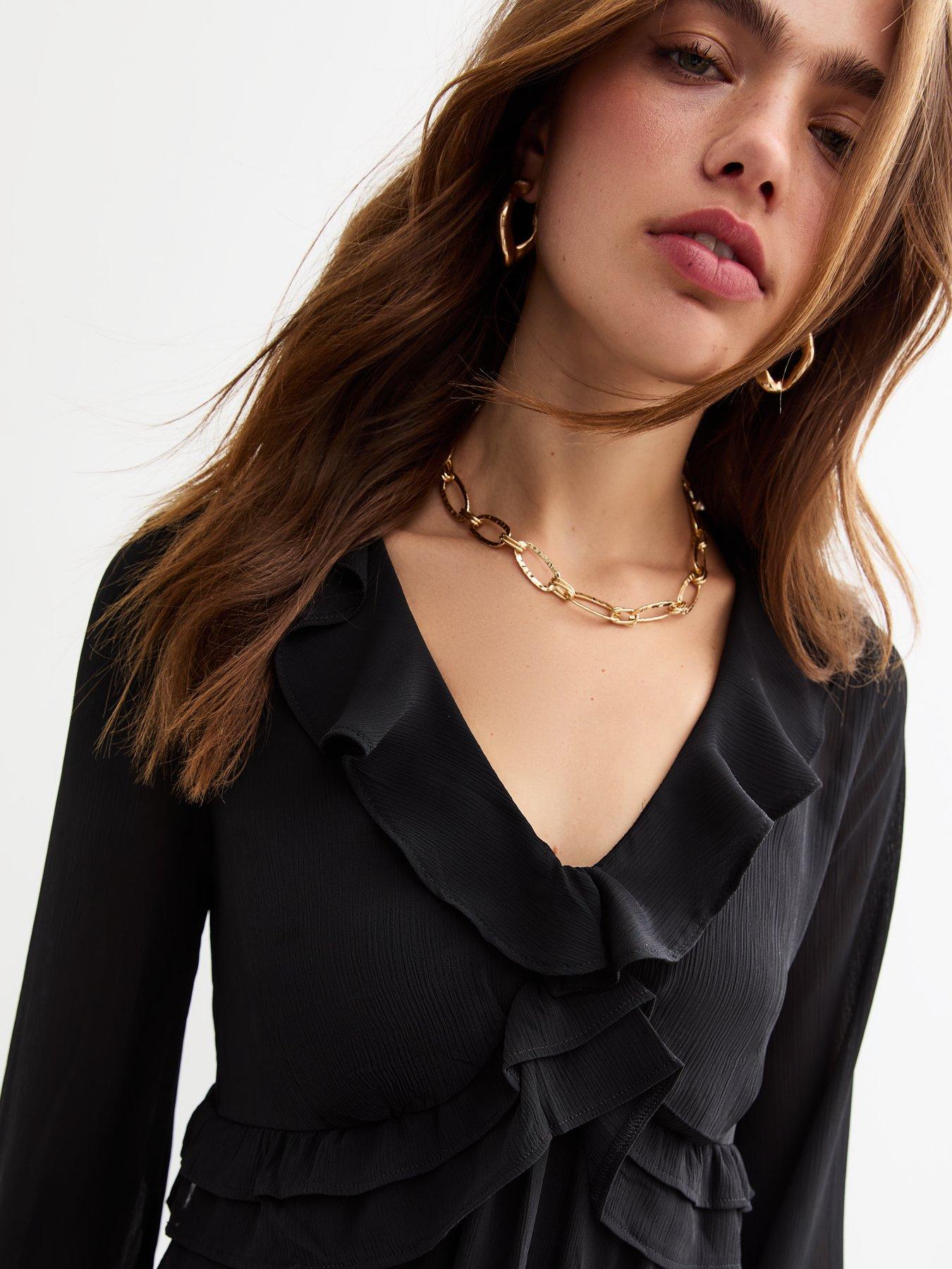 Image 3 of 3 of New Look Ruffled Chiffon Mini Dress - Black