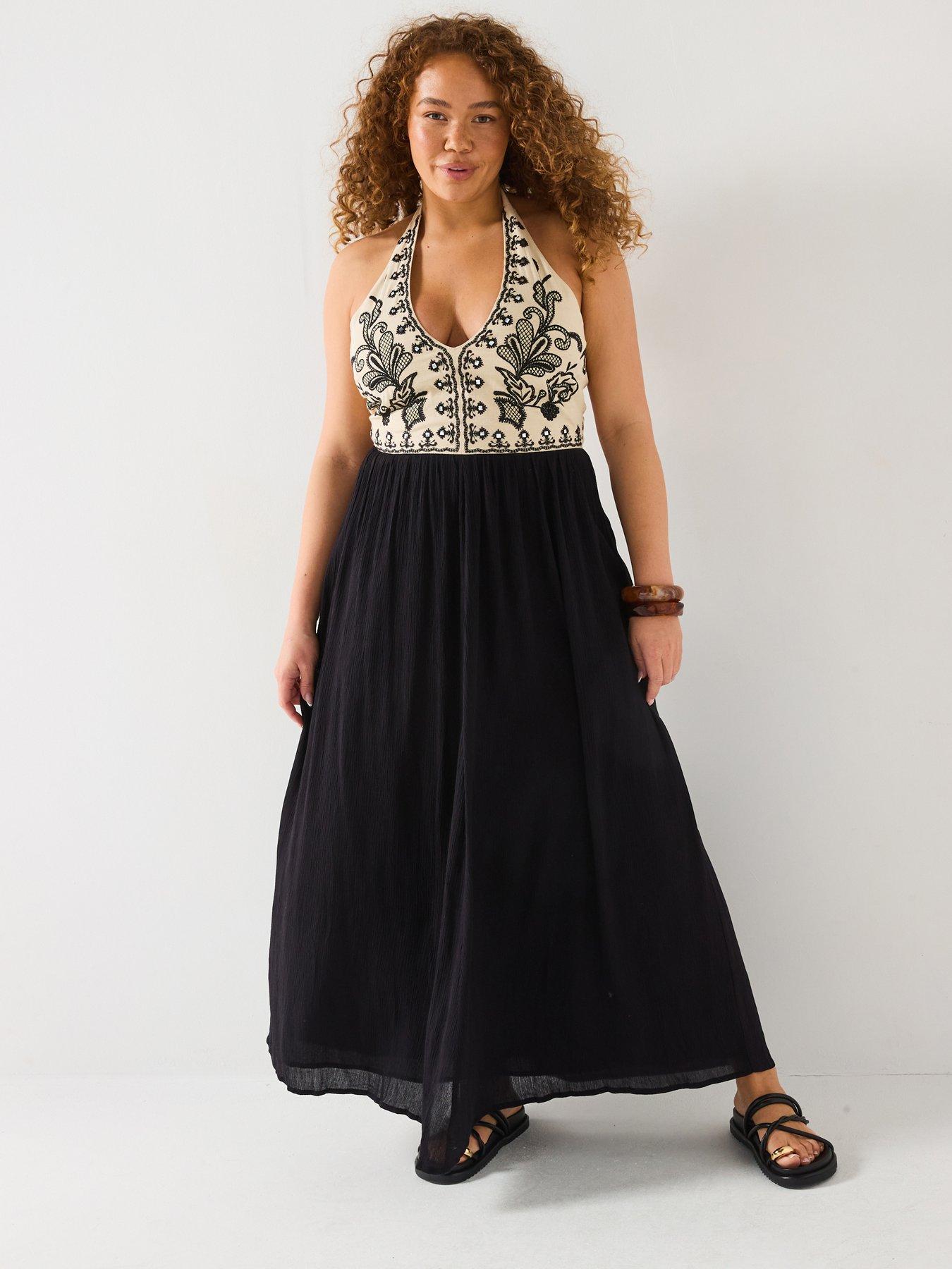 V by Very Curve: Halter Neck Embroidered Maxi Dress - Multi