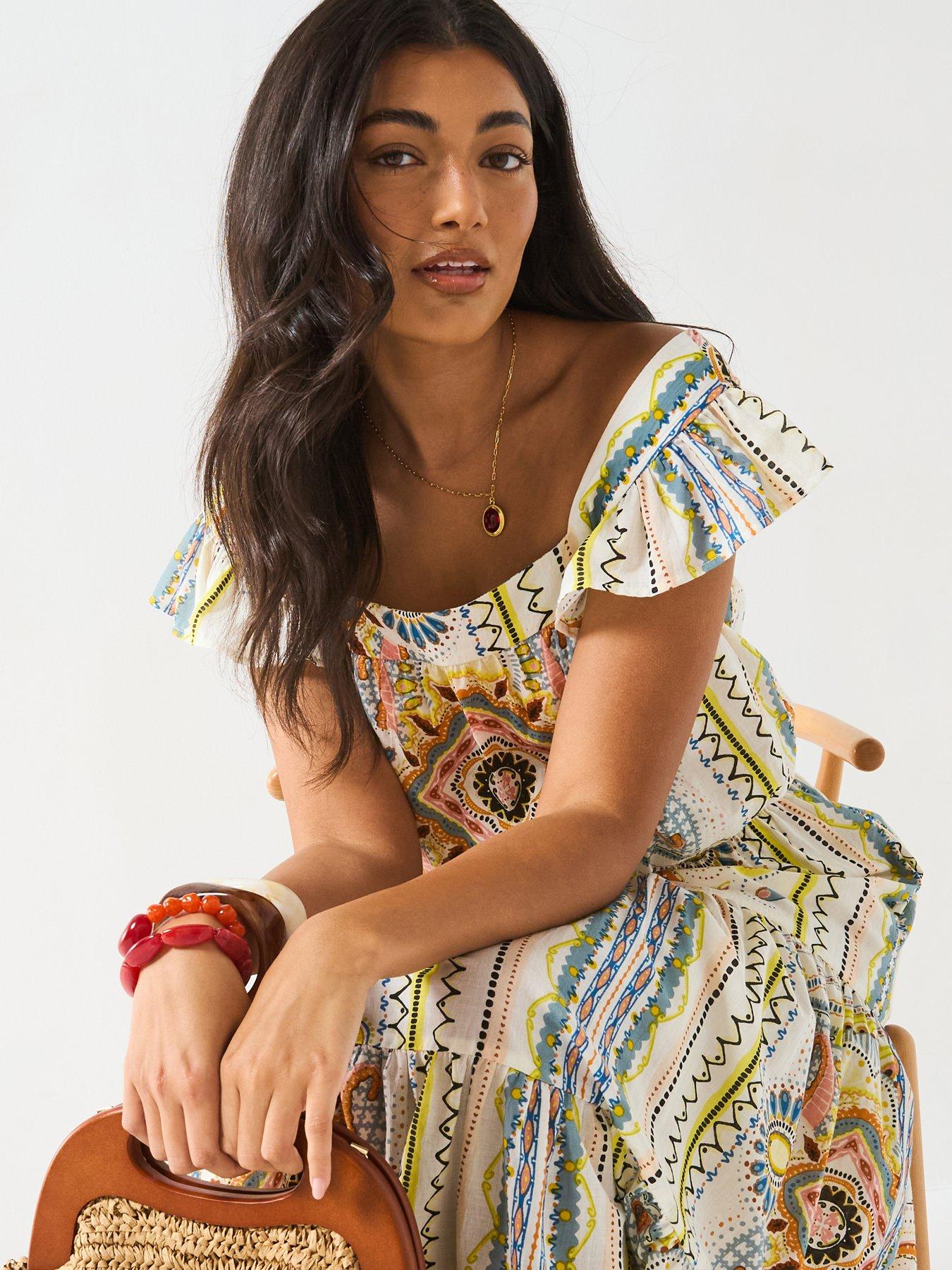 undefined Square Neck Frill Mixed Print Blouse Co-Ord - Multi