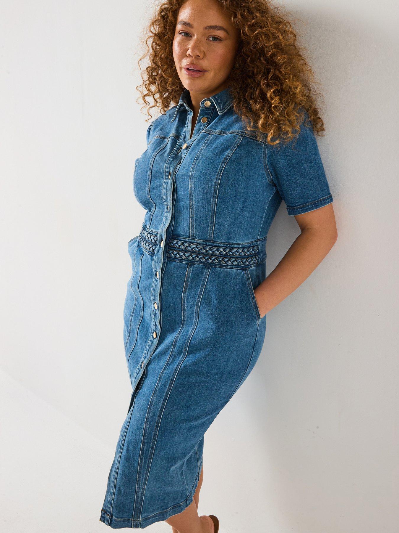 V by Very Curve Denim Button Through Midi Dress - Mid Wash