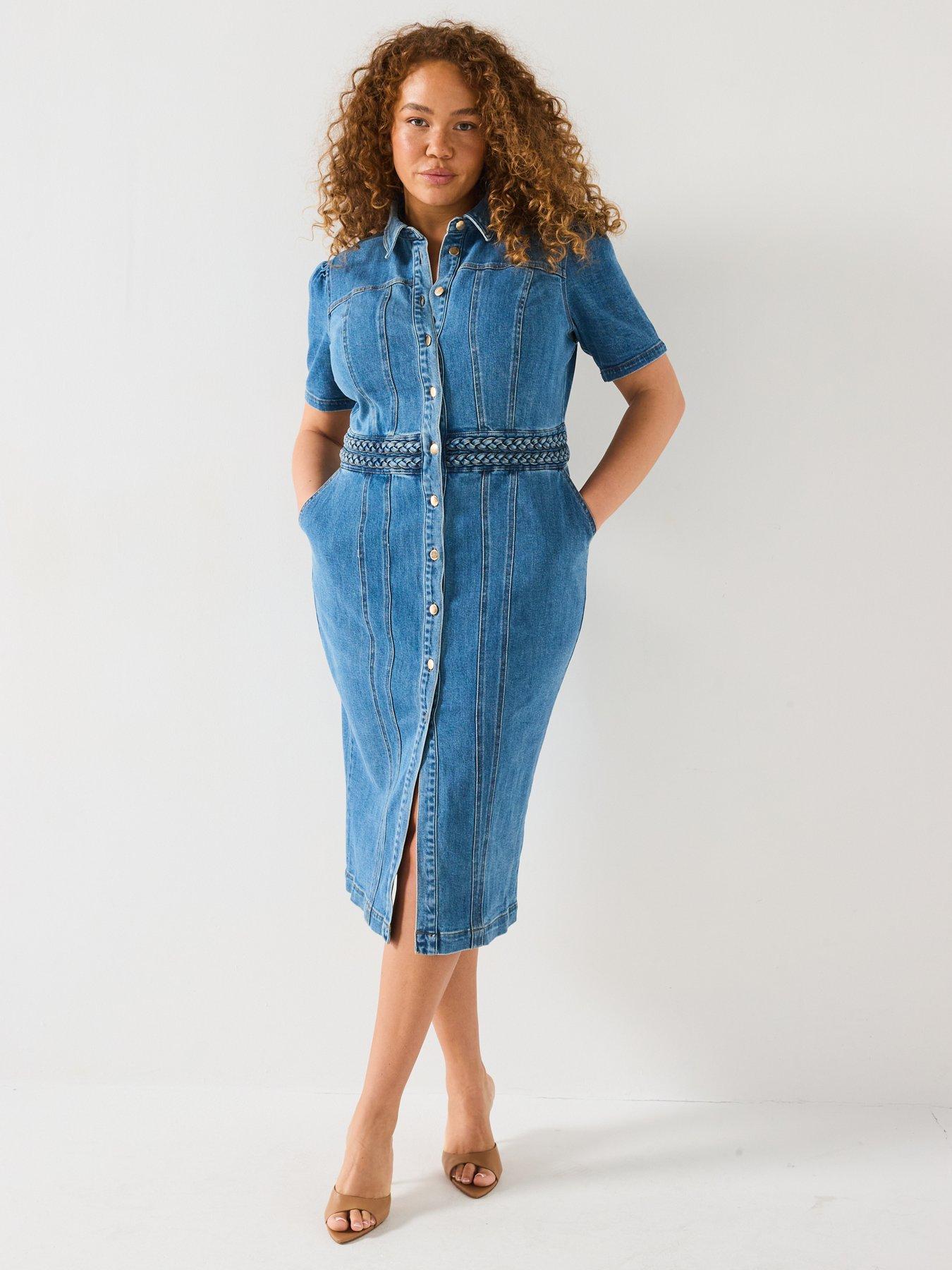 Image 3 of 6 of V by Very Curve Denim Button Through Midi Dress - Mid Wash