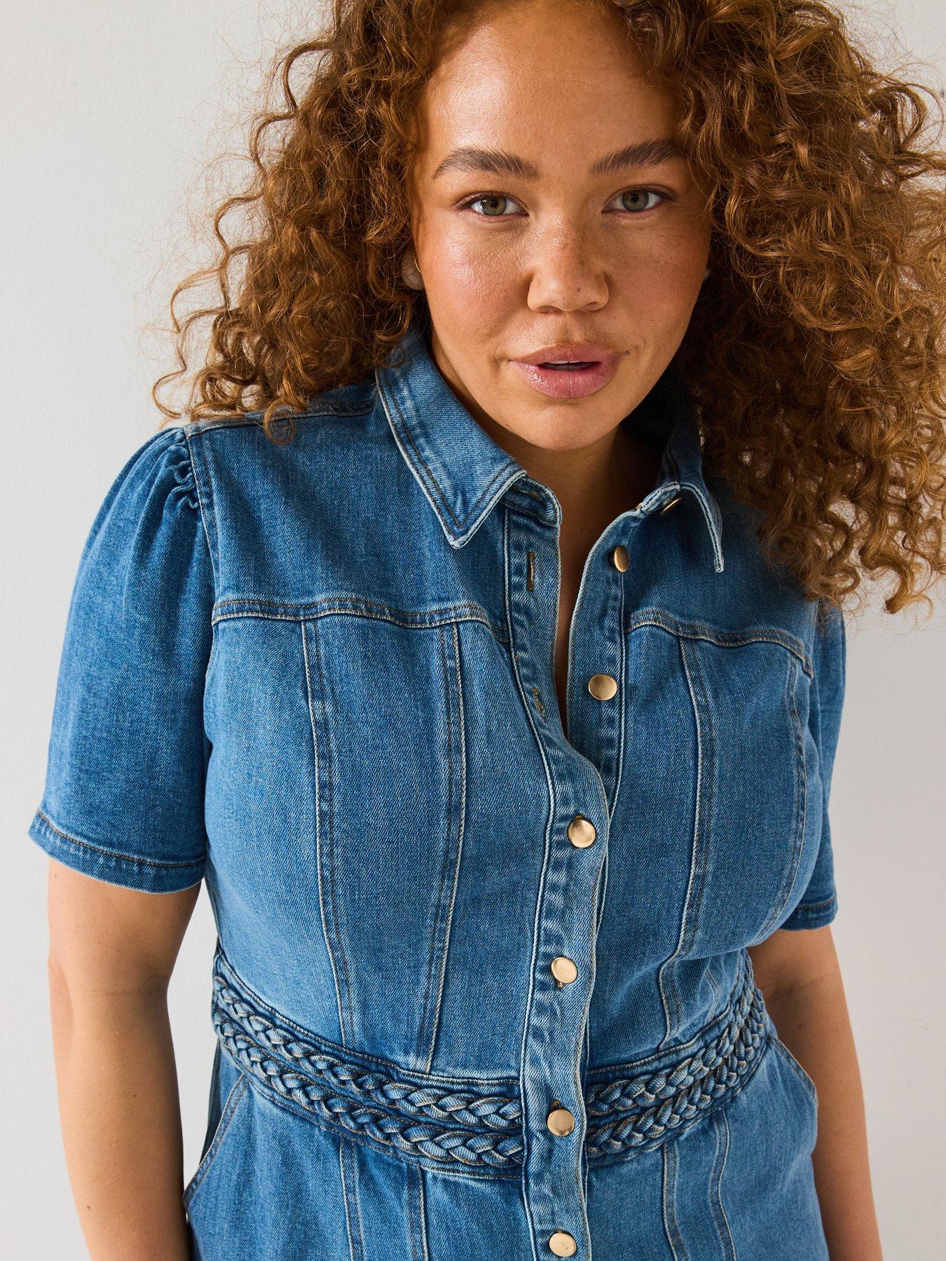 Image 4 of 6 of V by Very Curve Denim Button Through Midi Dress - Mid Wash