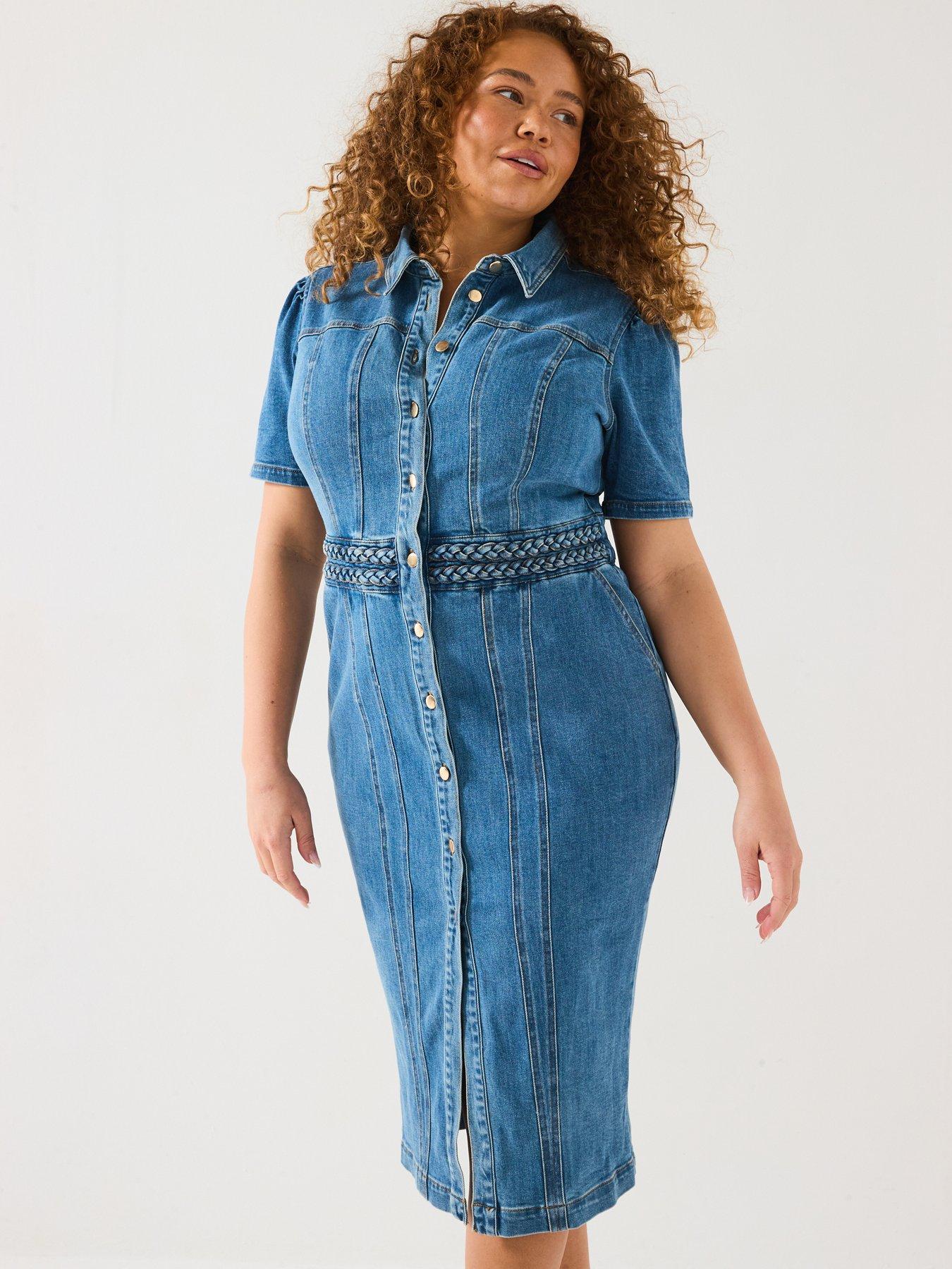 Image 6 of 6 of V by Very Curve Denim Button Through Midi Dress - Mid Wash