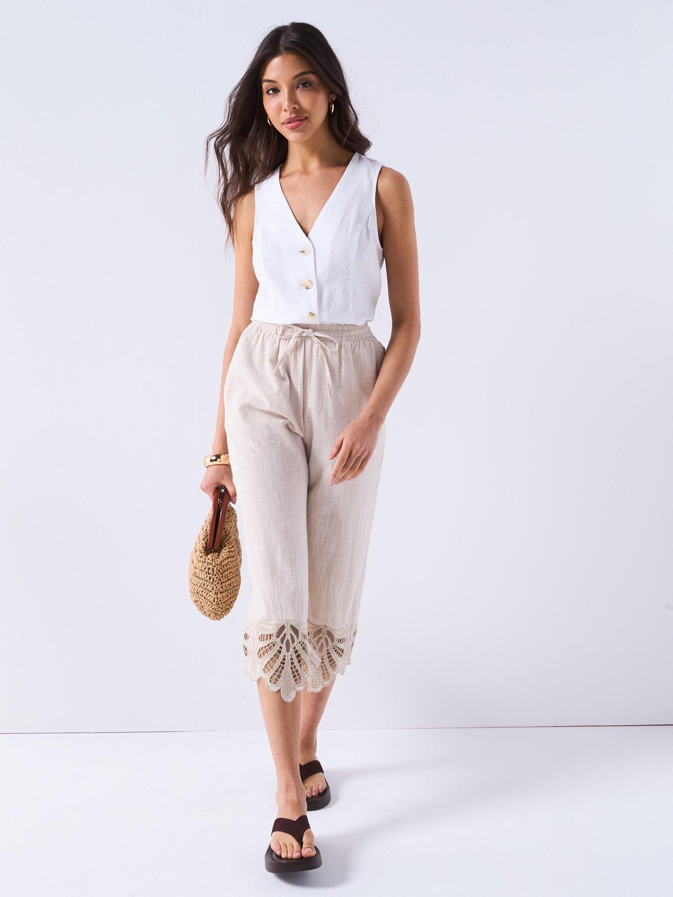 undefined Cotton Trousers With Lace Trim Hem - Neutral