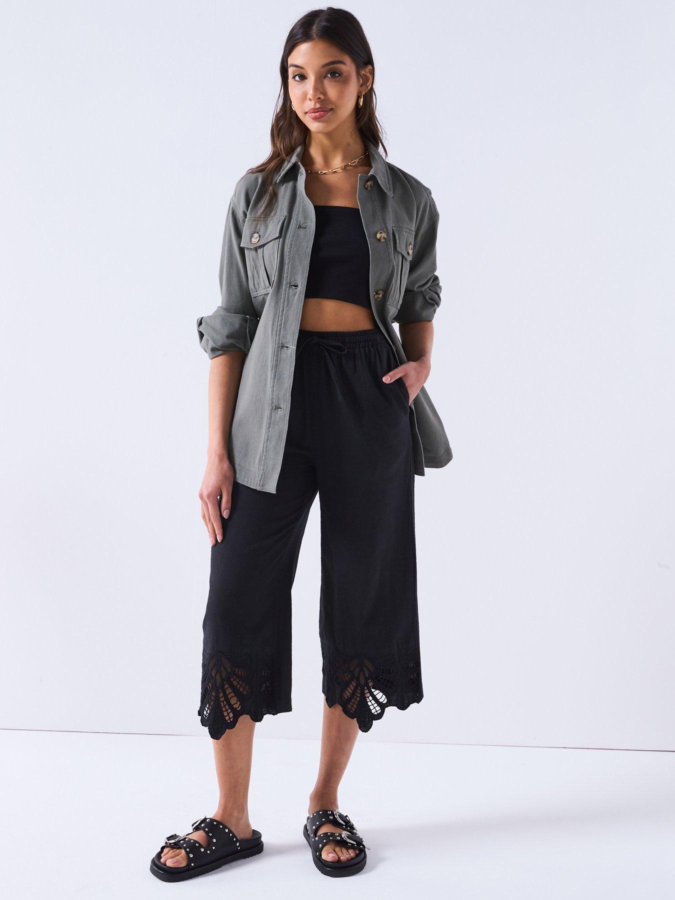 undefined Cotton Trousers with Lace Trim Hem - Black