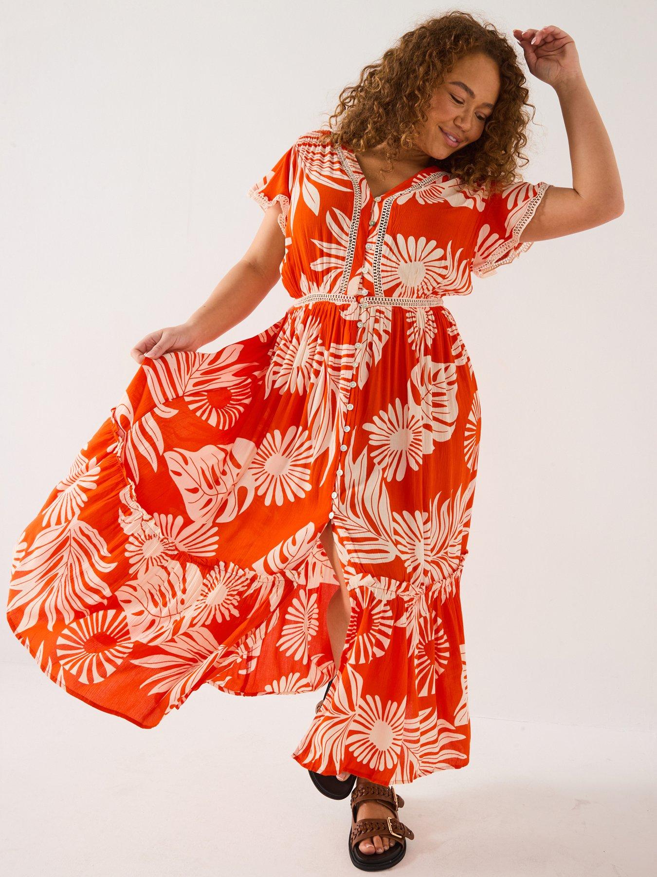 Image 1 of 6 of V by Very Curve Lace Trim Cheesecloth Midi Dress - Print