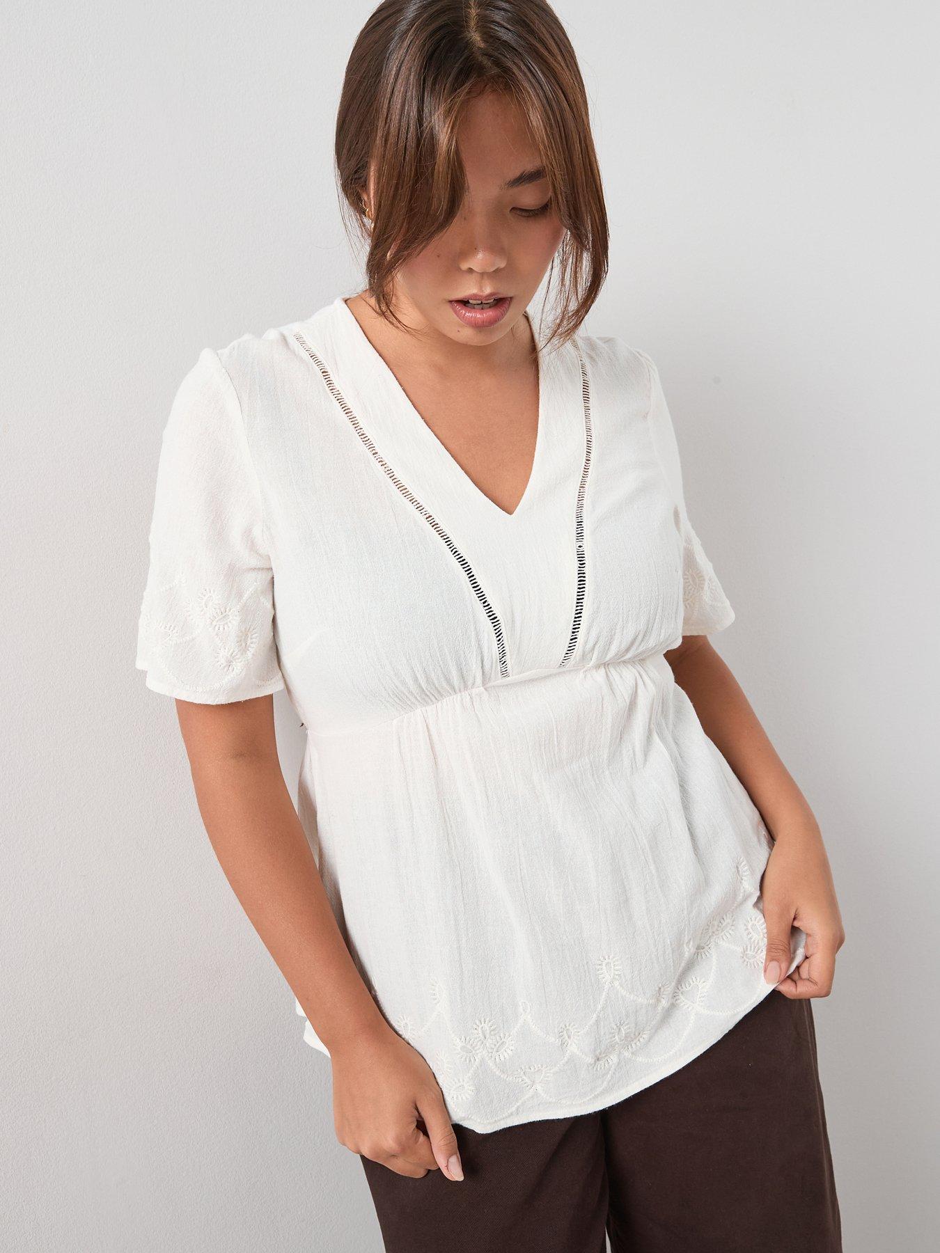 V by Very Curve Contrast Embroidery Angel Sleeve Blouse - White