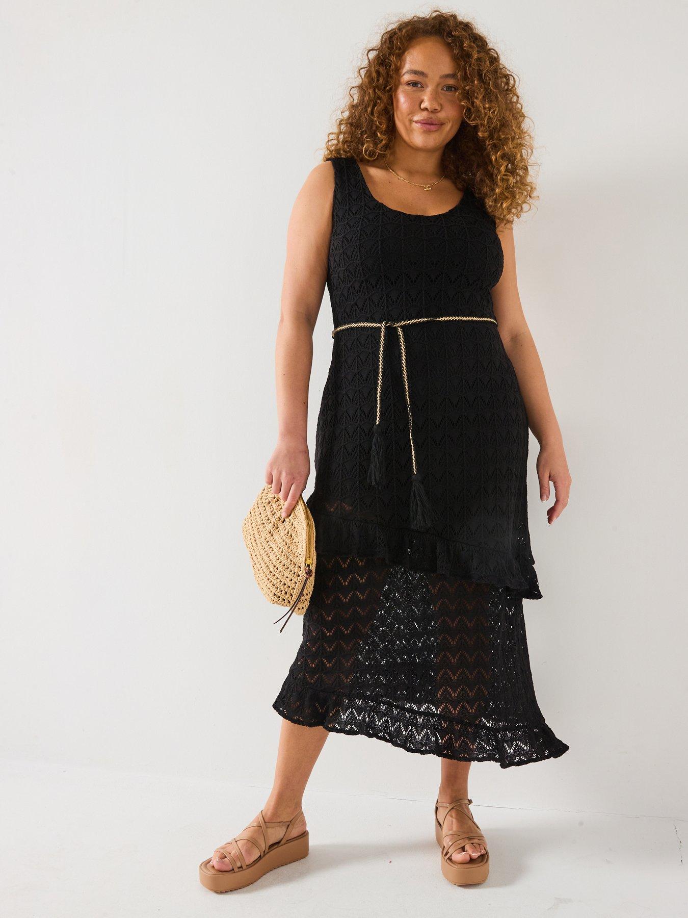 undefined Crochet Asymmetric Hem Ruffle Dress - Black