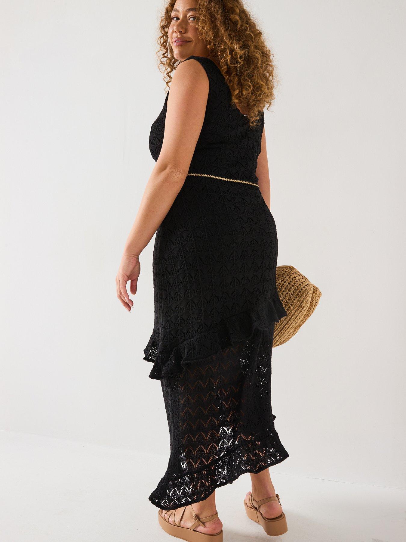 Image 2 of 6 of V by Very Curve Crochet Asymmetric Hem Ruffle Dress - Black
