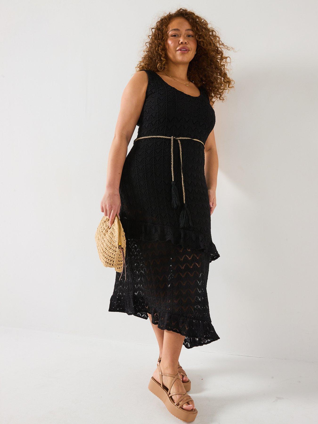 Image 3 of 6 of V by Very Curve Crochet Asymmetric Hem Ruffle Dress - Black