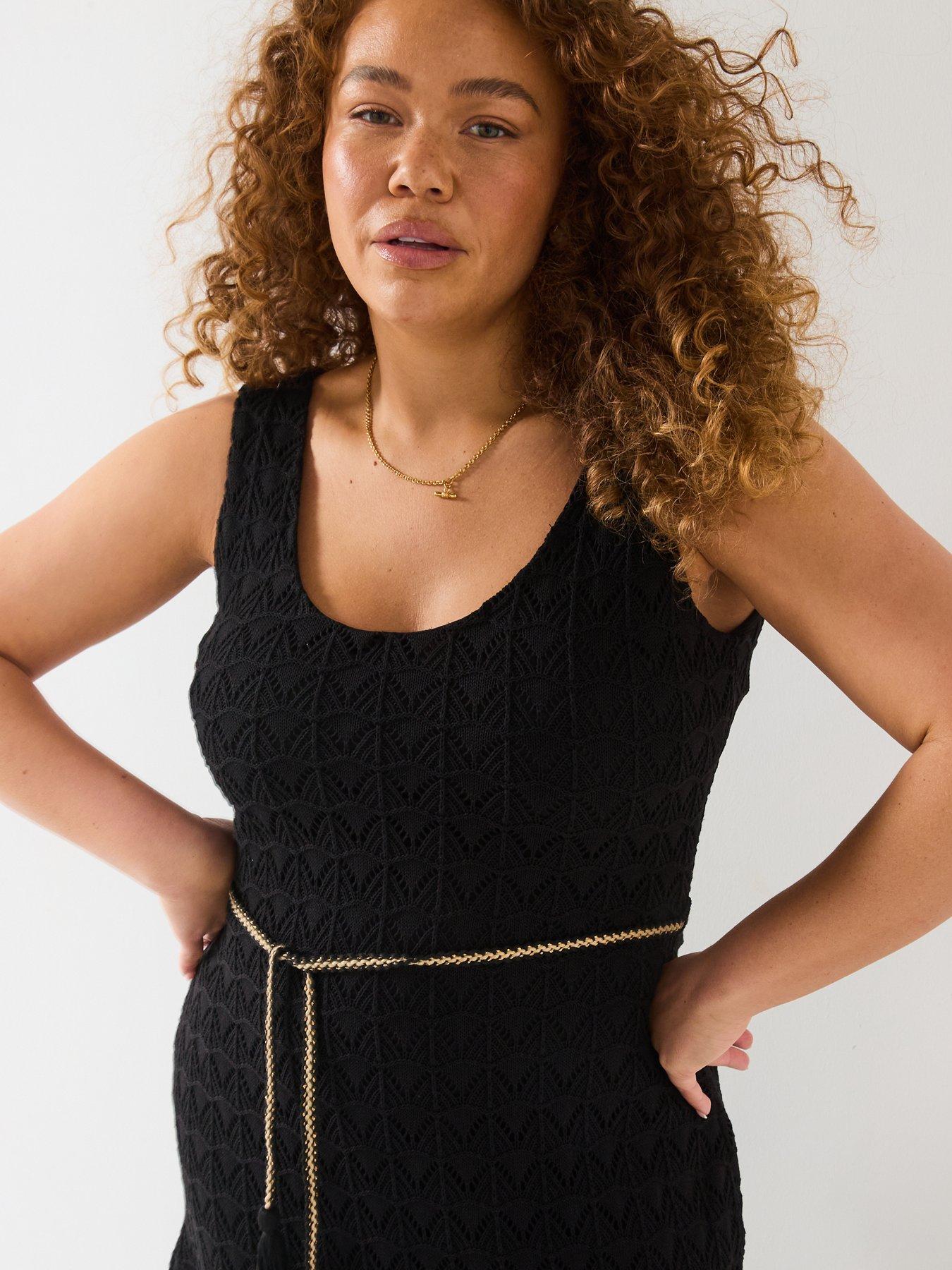 Image 4 of 6 of V by Very Curve Crochet Asymmetric Hem Ruffle Dress - Black