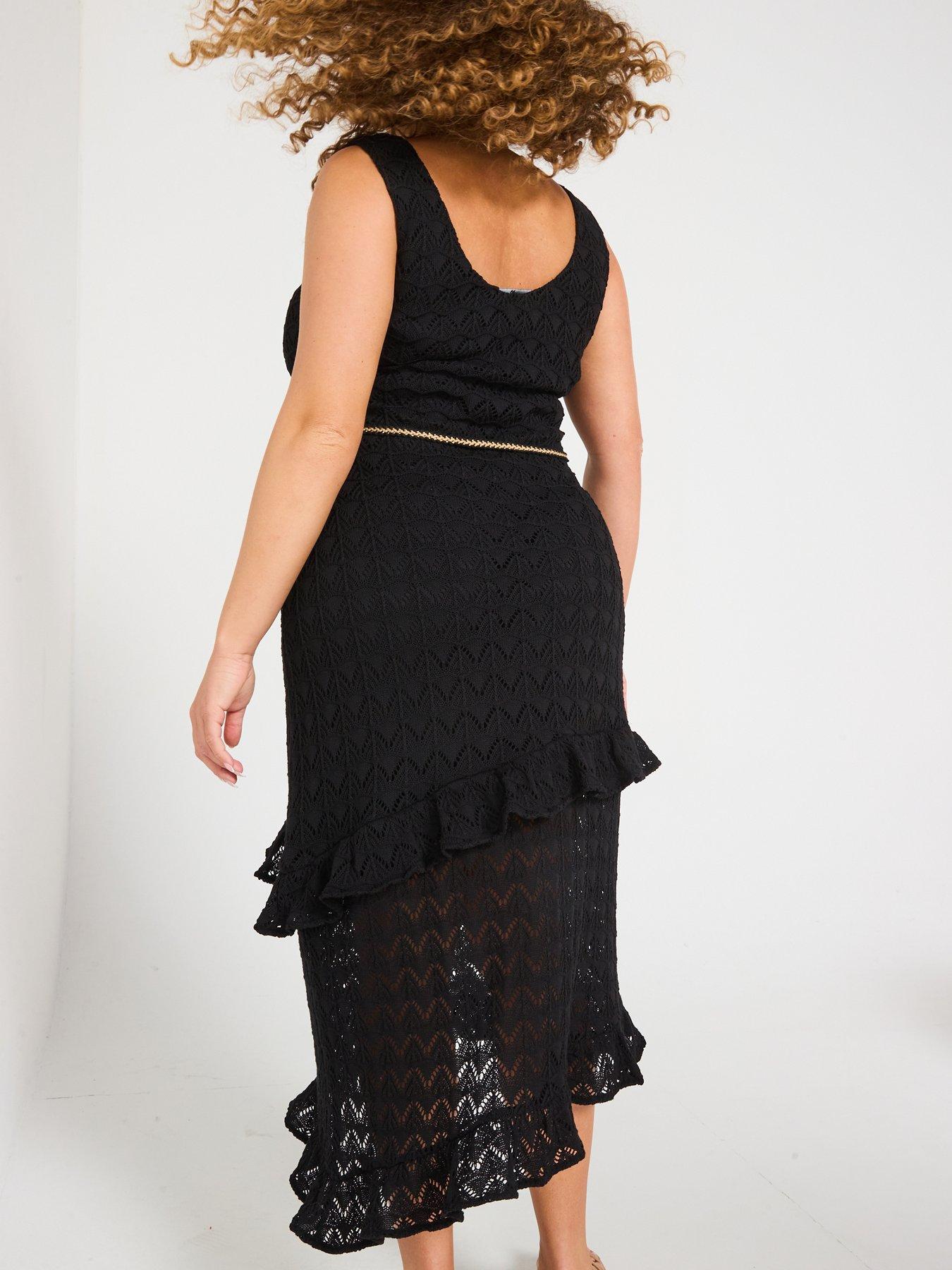 Image 5 of 6 of V by Very Curve Crochet Asymmetric Hem Ruffle Dress - Black