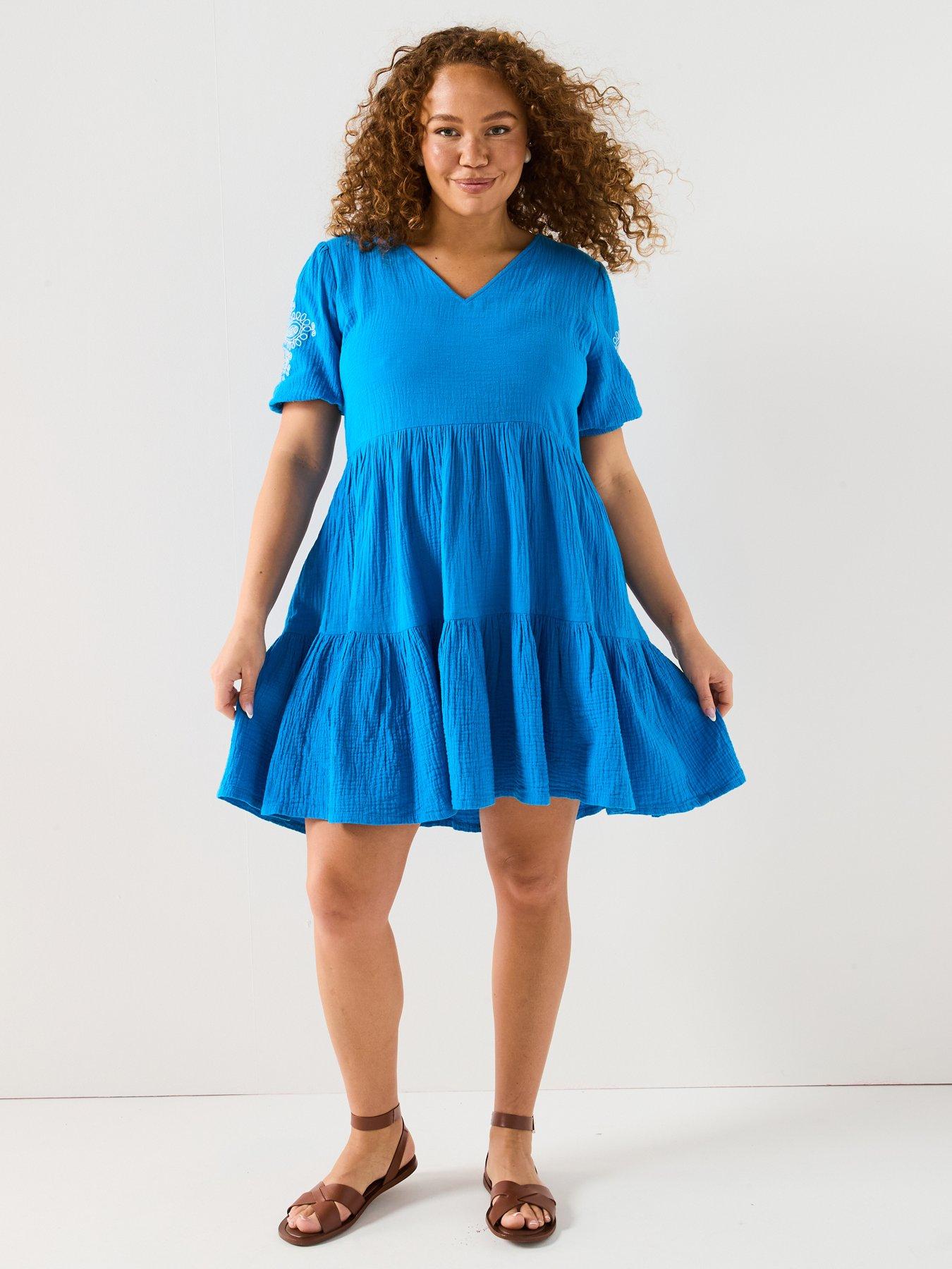 undefined Embroidered Sleeve Tiered Mini Dress - Blue